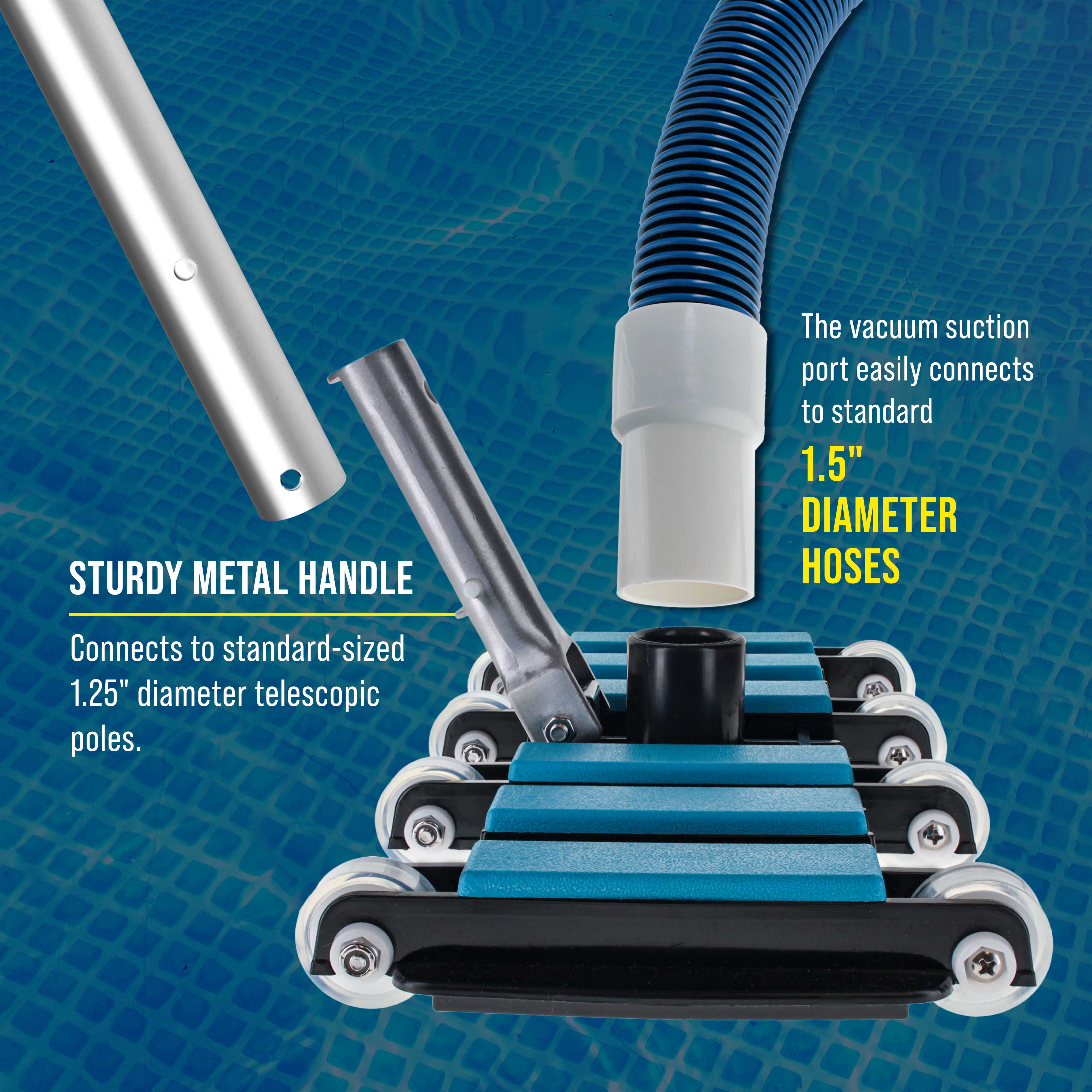 **Heavy-Duty Manual Pool Vacuum Head for Inground Pools - Flexible, Extra Wide with 6 Weights - Blue, Compatible with 1.5