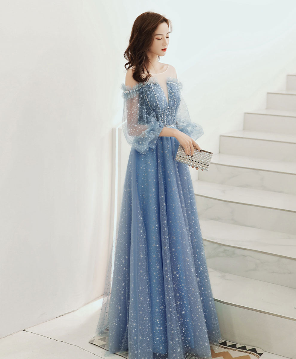 Elegant Blue Round Neck Tulle Sequin Long Prom Dress for Evening Gala & Formal Events | Perfect for Homecoming, Wedding Guest & Special Occasions