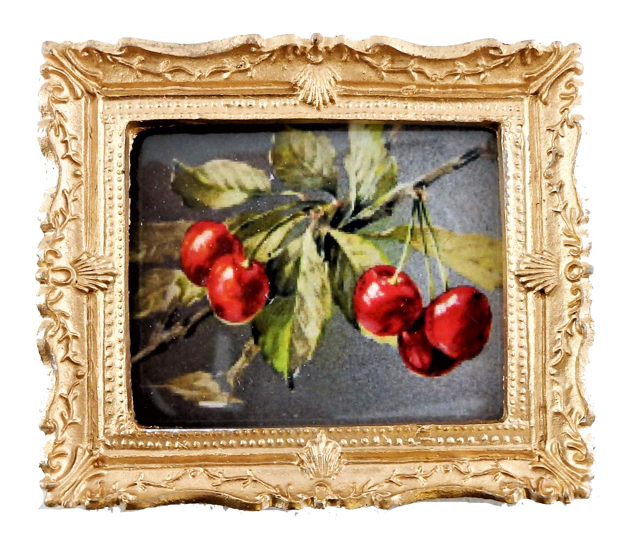 Melody Jane Dollhouse Miniature Accessories - Cherries on Branch Wall Art Painting with Gold Frame | Perfect for Dollhouse Decor, Miniature Displays & Collectors