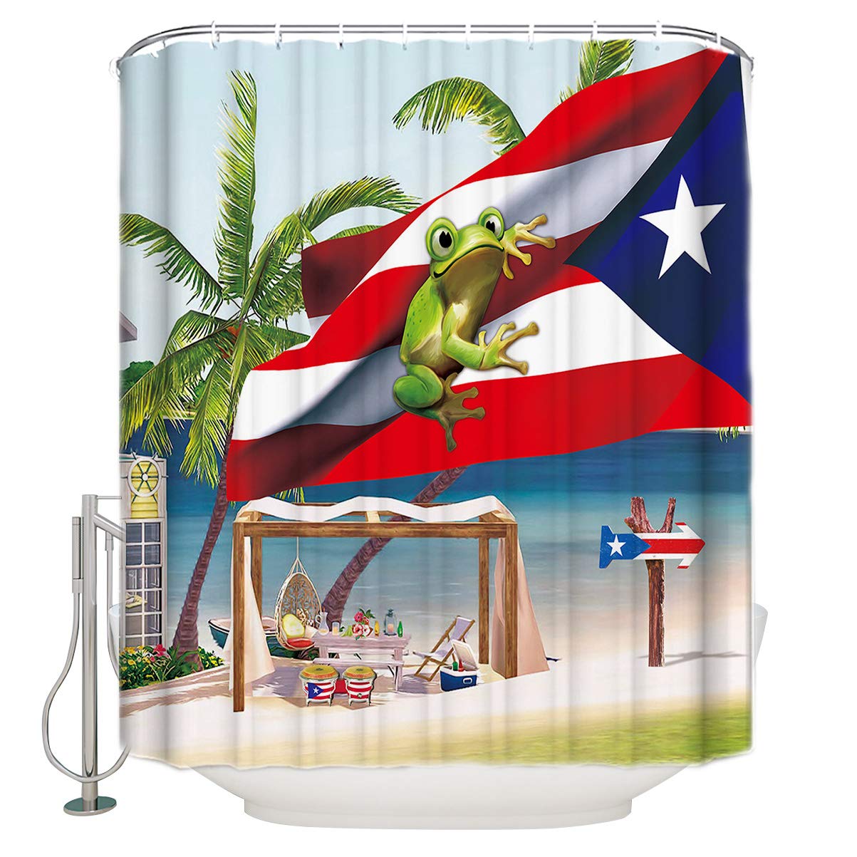 Puerto Rico Shower Curtain with Hooks - Waterproof 72x96 Inch Tree Frog & Palm Tree Beach Design - Funny Contemporary Bathroom Decor for Home, Spa, and Vacation Rental Use