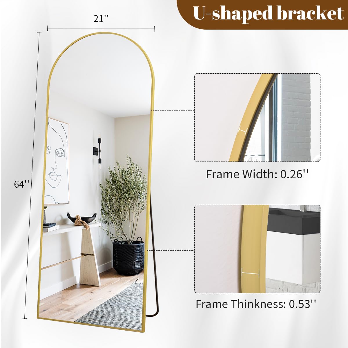 Koonmi 64x21 Inch Arched Gold Full Length Mirror - Aluminum Alloy Frame Standing, Hanging or Leaning Full Body Mirror for Living Room, Bedroom, Dressing Room & Entryway Decor