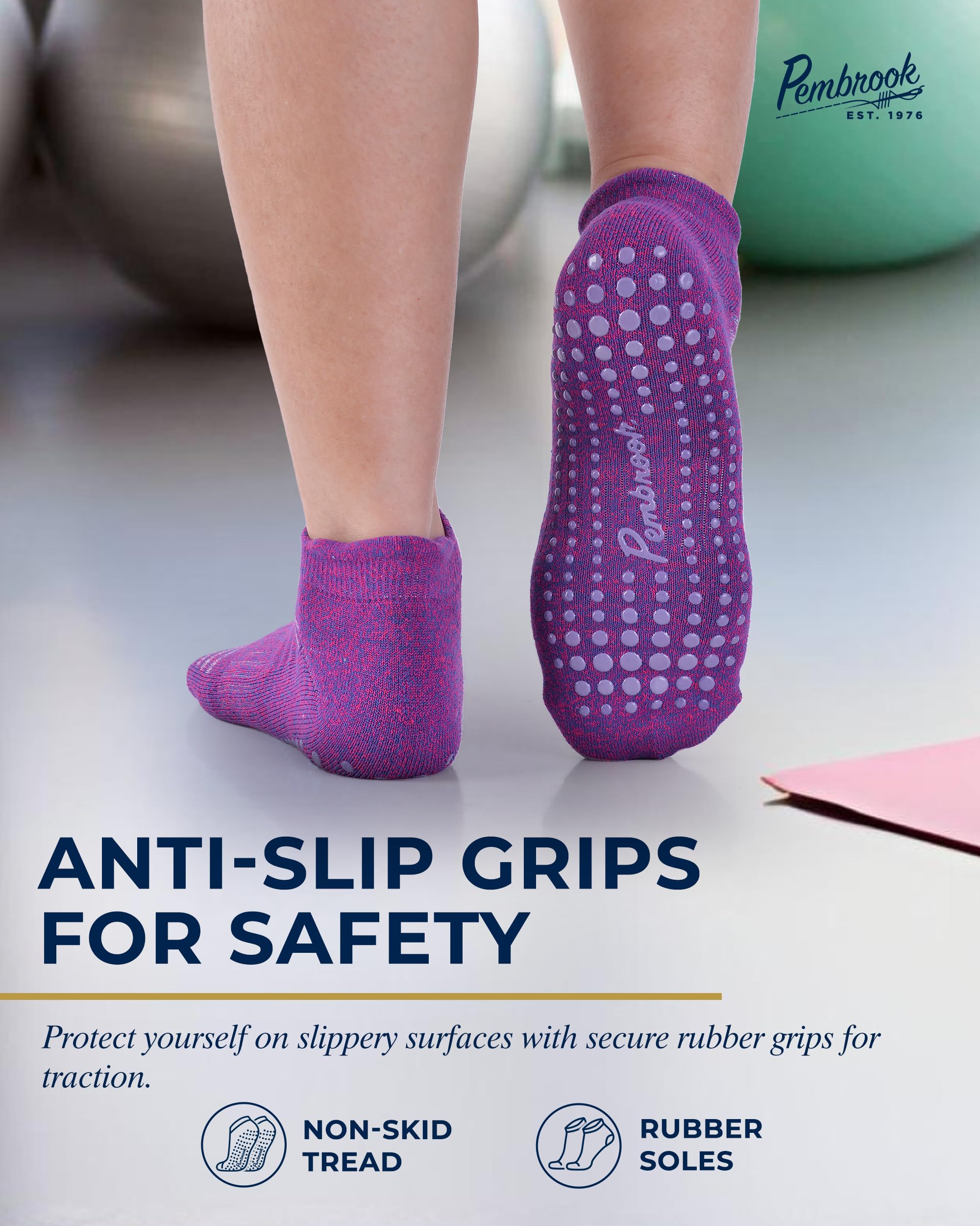 Pembrook Non-Slip Grip Socks for Women & Men - 6 Pairs Yoga, Barre & Pilates Socks with Anti-Skid Soles | Perfect for Dance, Workouts & Home Use