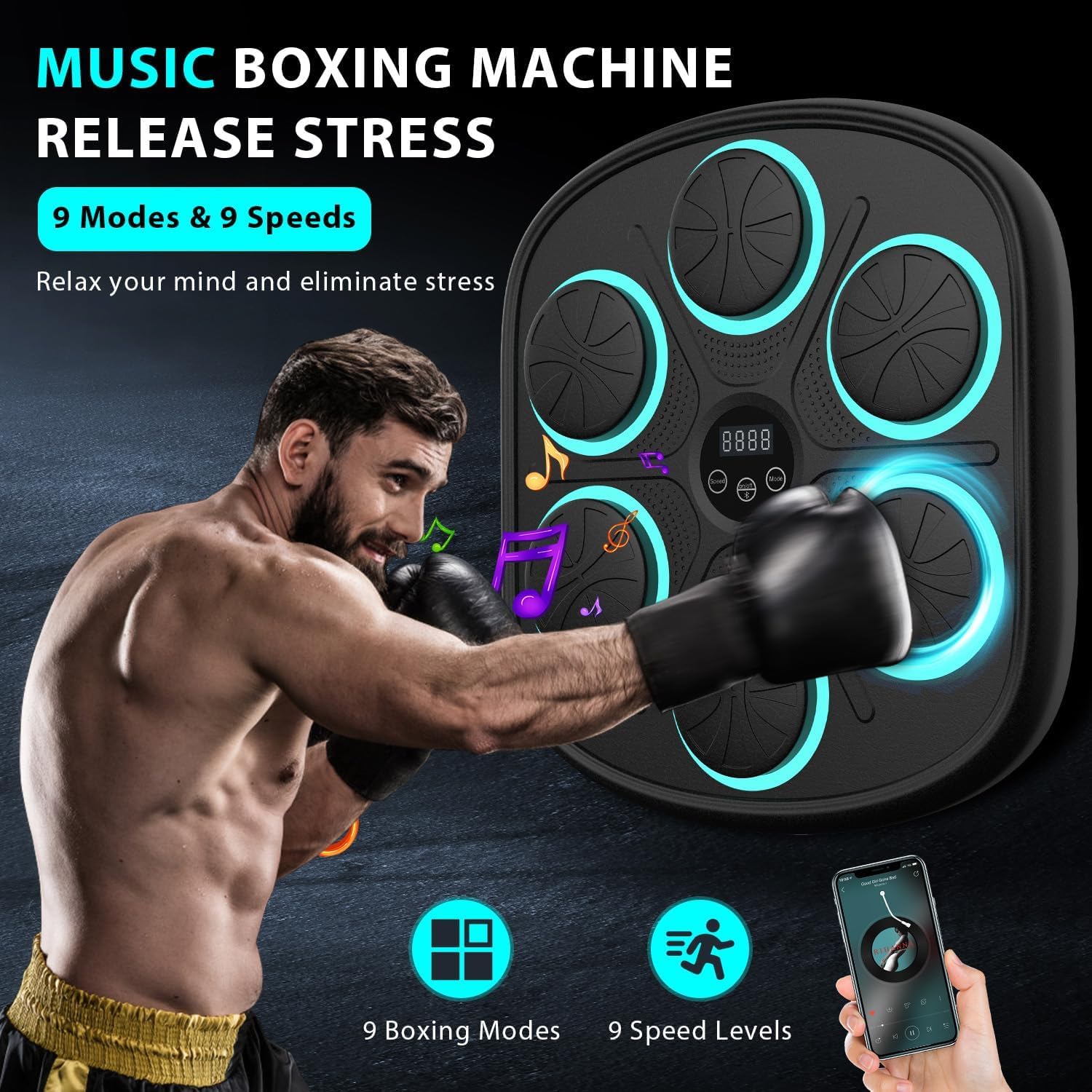 2025 Smart Music Boxing Machine with Premium Boxing Gloves - Bluetooth LED Wall Mounted Training Equipment for Home Workout | Boxing Target Practice for Adults & Kids | Perfect for Home Gym, Fitness Training & Stress Relief