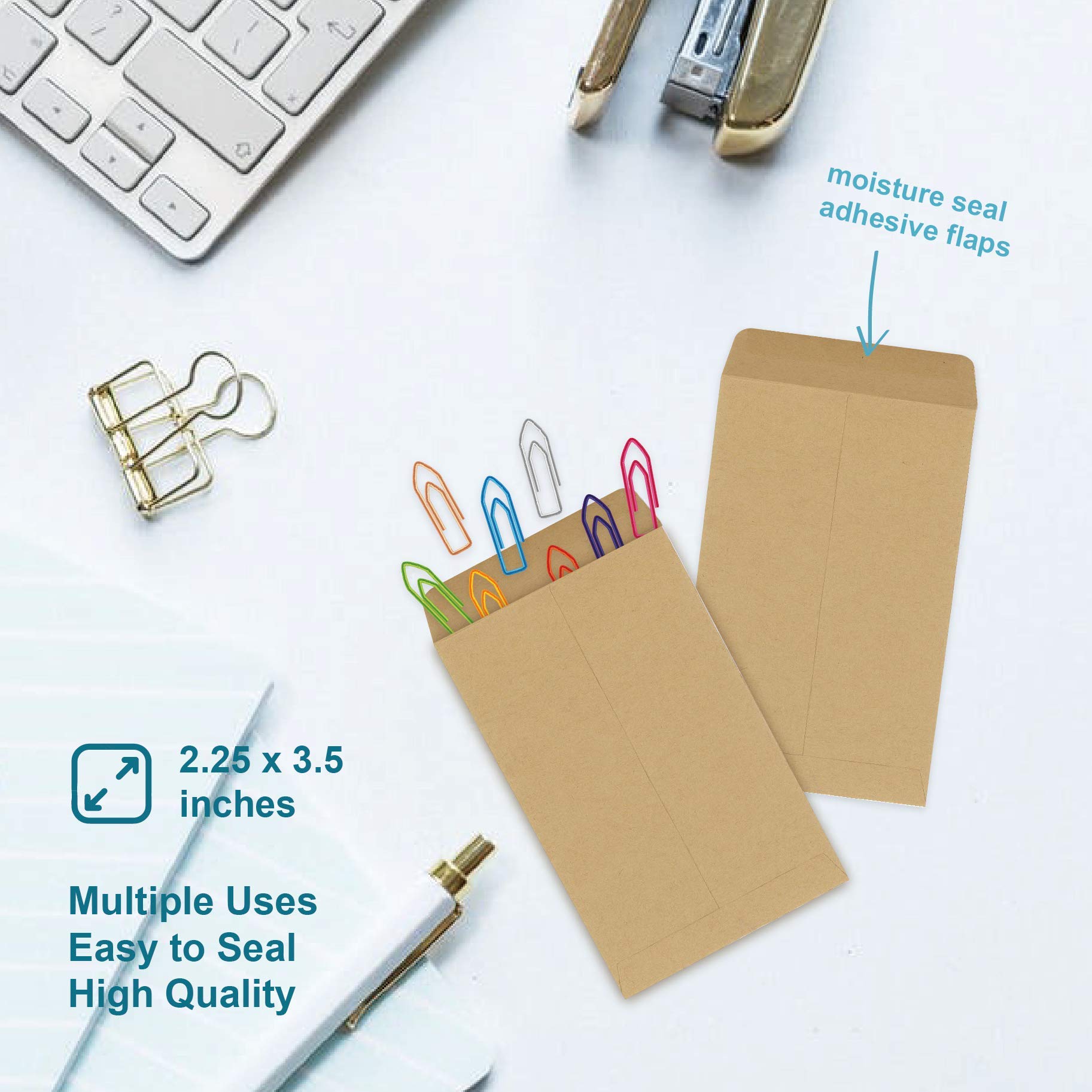 100 Pack Kraft Coin Envelopes with Gummed Seal - 2.25 x 3.5 Inches Small Parts Storage Organizer for Coins, Seeds, Jewelry & Crafts | Perfect for Collectors, Gardeners & DIY Projects