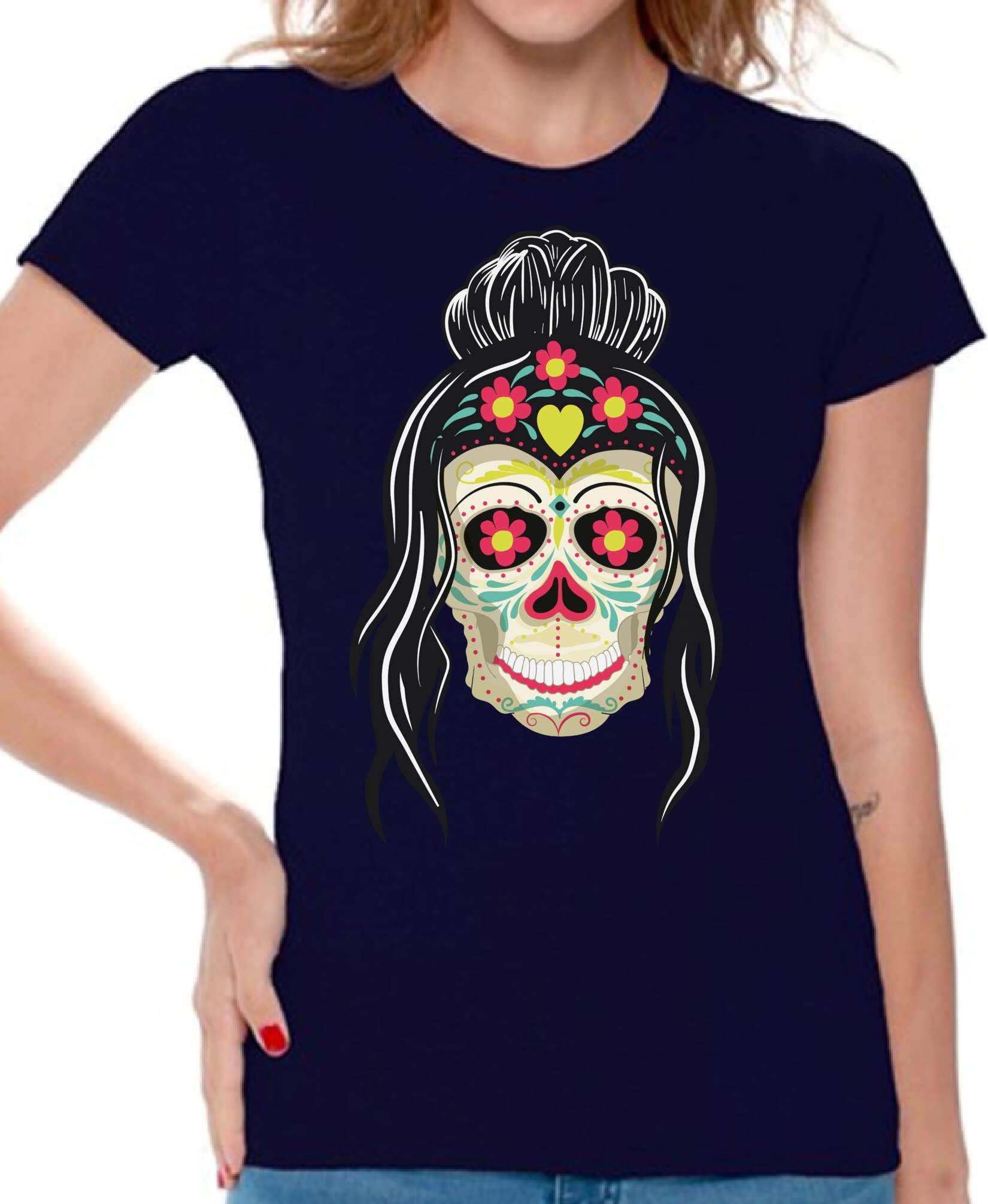 Skull Print T-Shirt for Women | Mexican Girl Graphic Tee | Gothic Fashion & Casual Wear | Perfect for Halloween, Concerts & Street Style