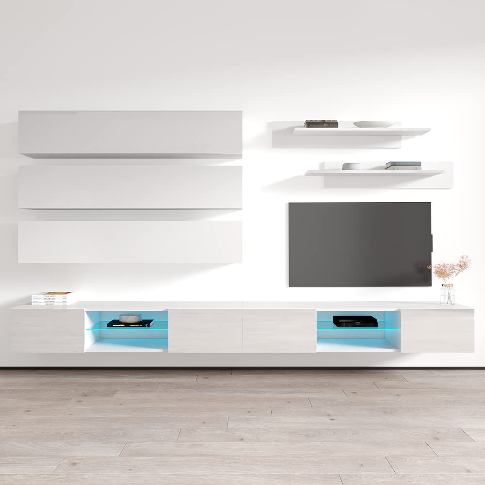 Modern White Wall-Mounted TV Stand with Storage Shelves & LED Lights - Floating Entertainment Center Console for Living Room & Bedroom - Meble Furniture Fly J1 33TV Stand - Perfect for Small Spaces & Home Theater Setups