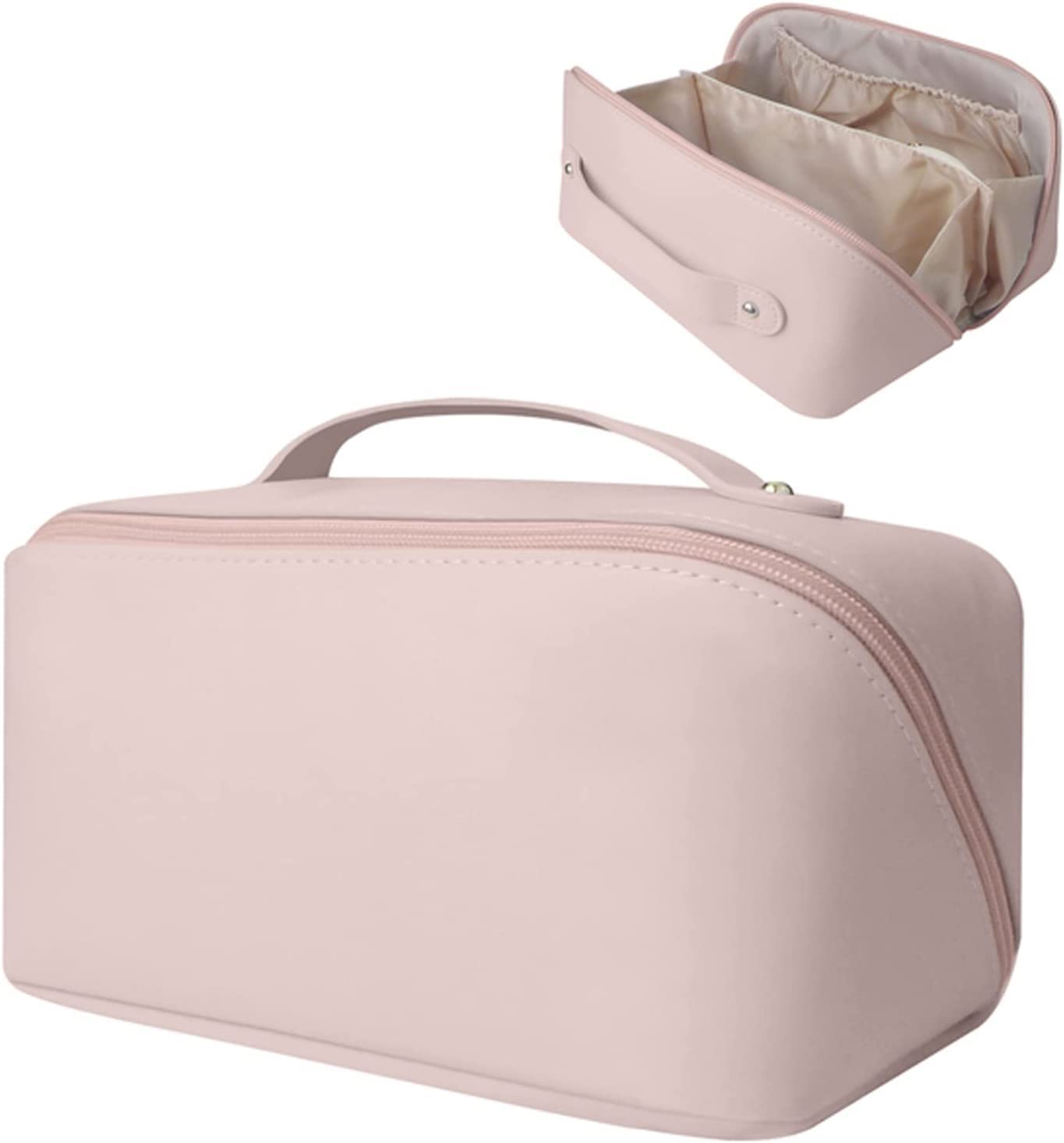 VEHTRI Large Capacity Waterproof Leather Travel Cosmetic Bag - Flat Opening Makeup Organizer with Handle & Divider for Easy Access | Perfect for Vacation, Business Trips & Daily Toiletry Storage