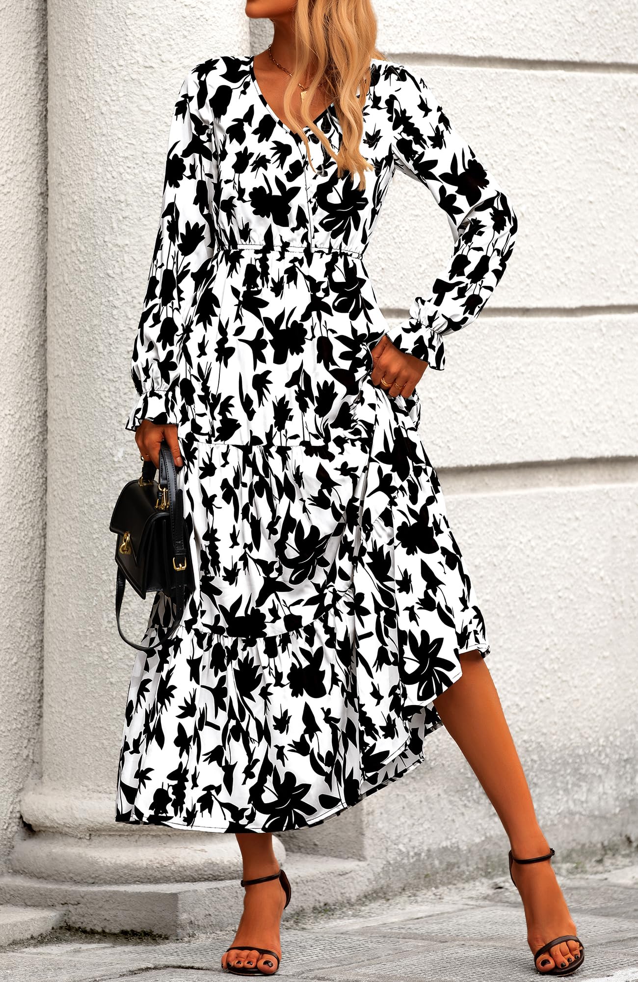 BTFBM Women's Floral Boho Maxi Dress 2025 - Long Sleeve V-Neck Casual Spring Dress for Wedding Guest, Beach Vacation & Date Night
