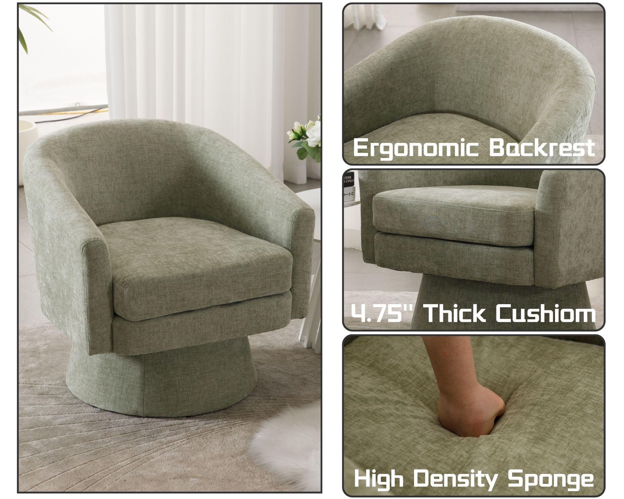Modern Swivel Accent Chairs Set of 2 - Green Chenille Upholstered Barrel Chairs with Comfy Back Support | Cozy Vanity Armchairs for Living Room, Bedroom & Reading Nook | Round Lounge Club Chairs Perfect for Corner Spaces & Relaxation
