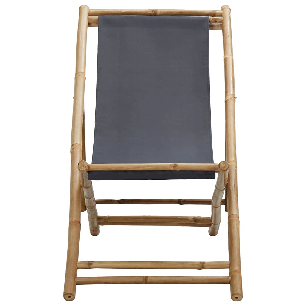 SKM Bamboo and Canvas Deck Chair - Dark Gray Folding Beach Chair for Outdoor Relaxation, Patio, Poolside, and Camping