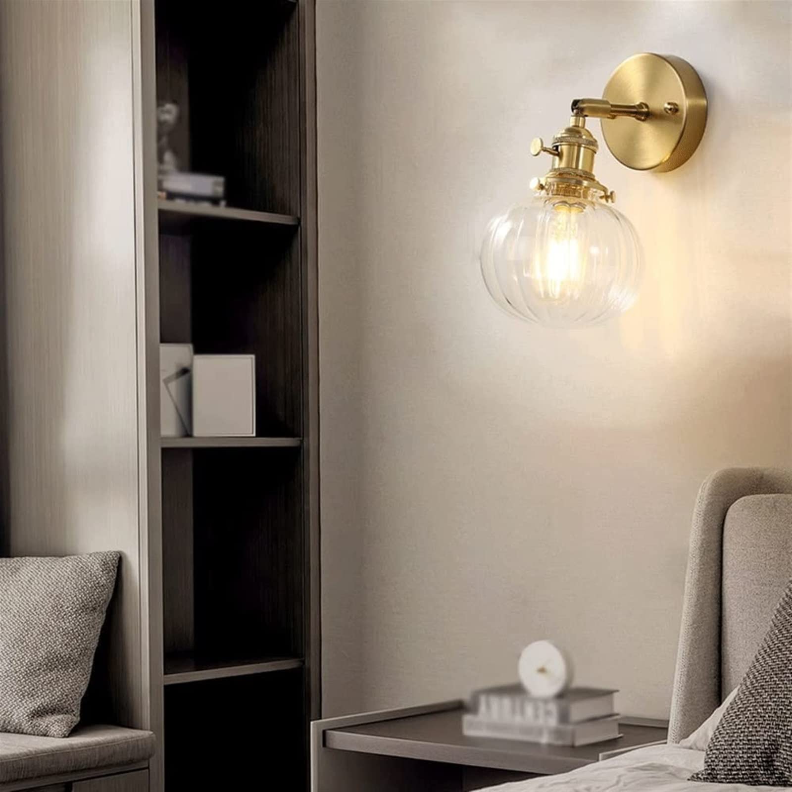 Modern Brass Wall Mount Lamp - Country Style Round Glass Shade Sconce Light Fixture for Bedroom, Living Room, Kitchen | Indoor Decorative Lighting for Homes, Apartments, Lofts & Reading Nooks