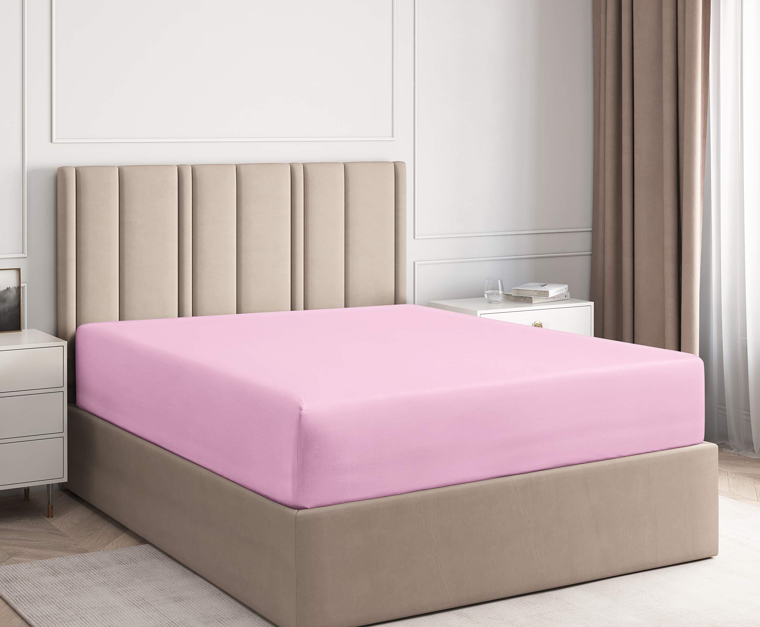 100% Organic Cotton 600 Thread Count Fitted Sheet - Twin XL Size, Light Pink - Deep Pocket (21