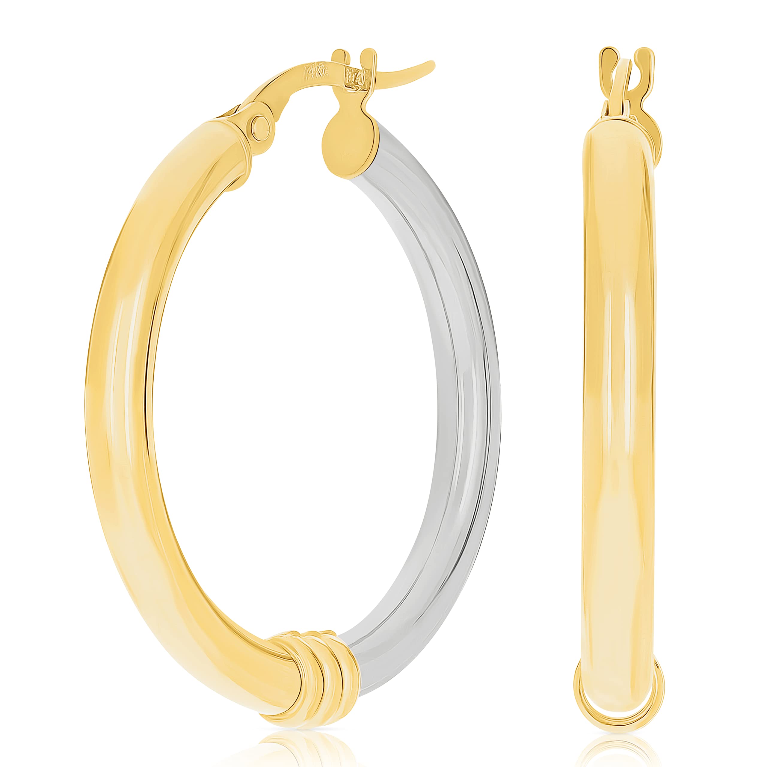 14K Italian Yellow & White Gold Hollow Hoop Earrings - 1.1