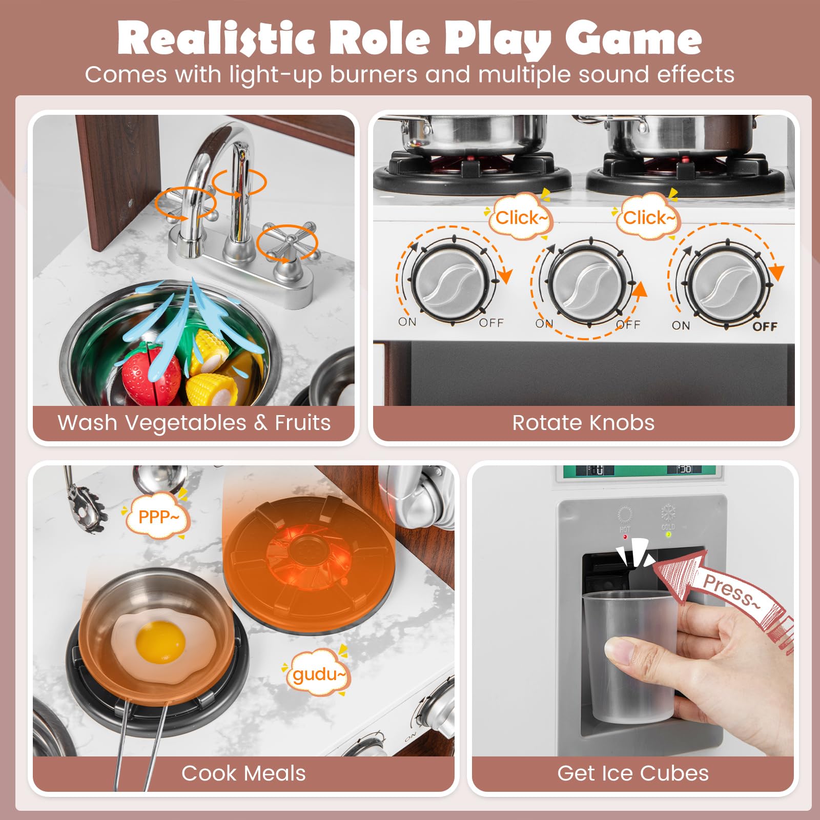 Costzon Wooden Kids Kitchen Playset with Utensils, Oven, Sink & Accessories - Pretend Play Cooking Toy for Toddlers Age 3+ (Brown) | Perfect for Imaginative Play, Birthday Gifts & Preschool Learning