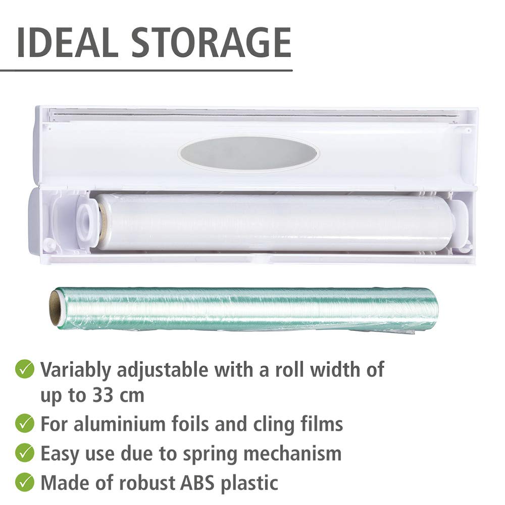 WENKO Plastic Wrap Dispenser with Built-in Cutter, Aluminum Foil & Saran Film Holder for Kitchen Organization, Refillable & Space-Saving (14.96 x 2.05 x 2.64 Inches, White) - Perfect for Food Storage, Meal Prep & Countertop Organization