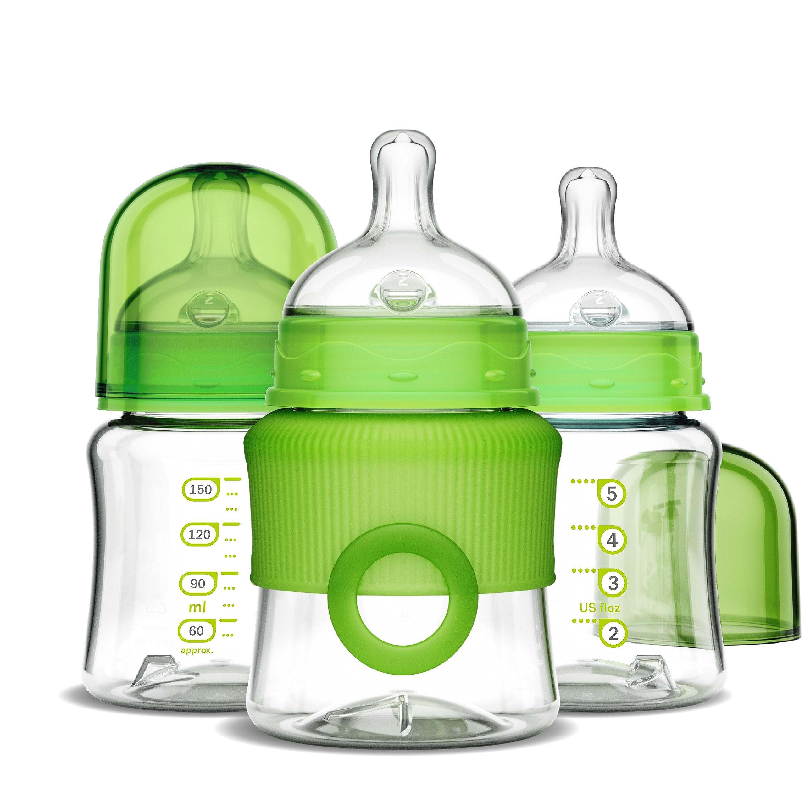 Smilo Baby Bottle Set - 3 Pack of 5 Oz / 150ml Anti-Colic Bottles with Stage 0 Slow Flow Nipples for Newborns 0-3 Months (Green) - Perfect for Breastfeeding Transition & Reducing Gas Discomfort