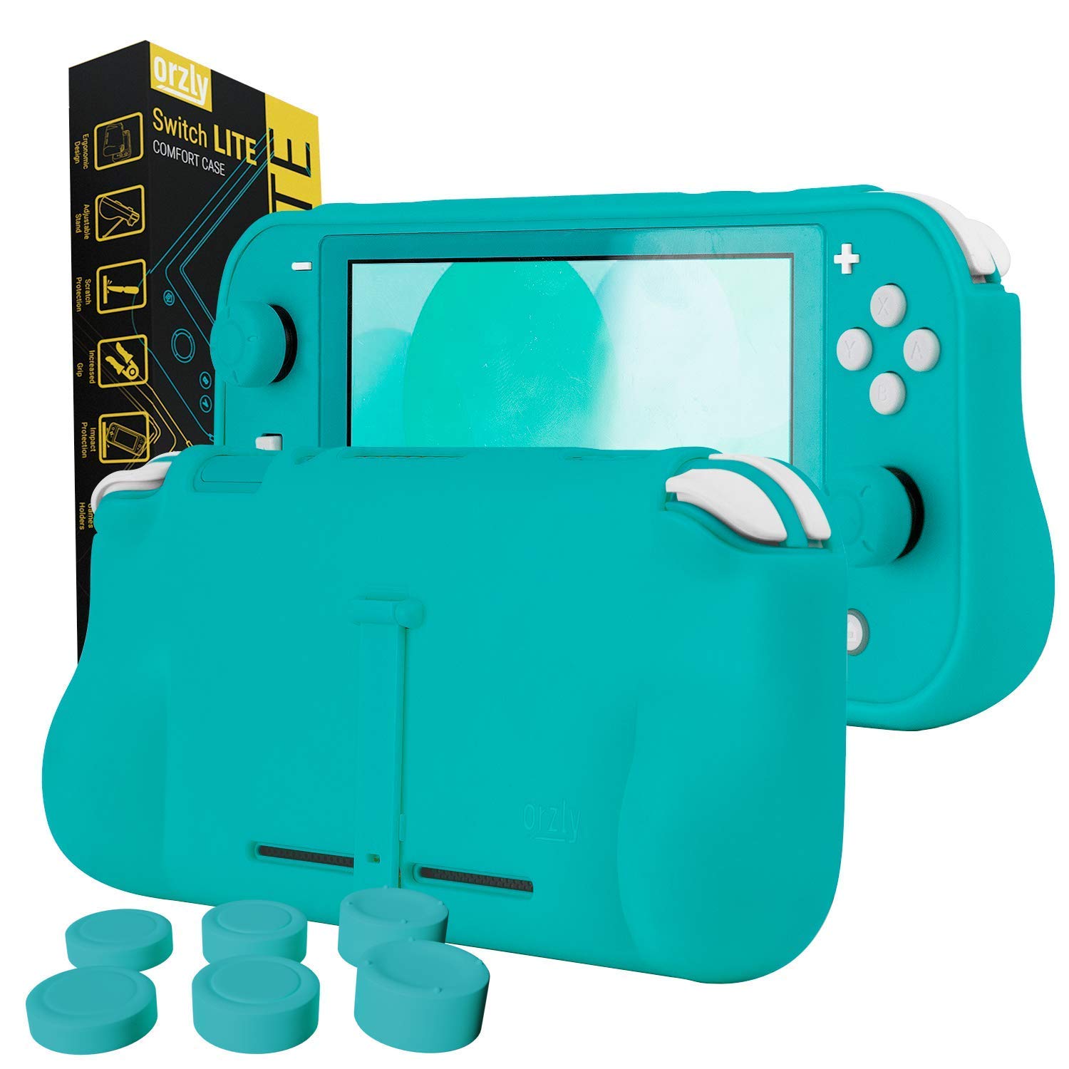 Orzly Comfort Grip Case for Nintendo Switch Lite - Ergonomic Padded Hand Grips, Built-in Kickstand, Includes Thumb Grips - Turquoise Blue - Perfect for Gaming on the Go & Travel Protection