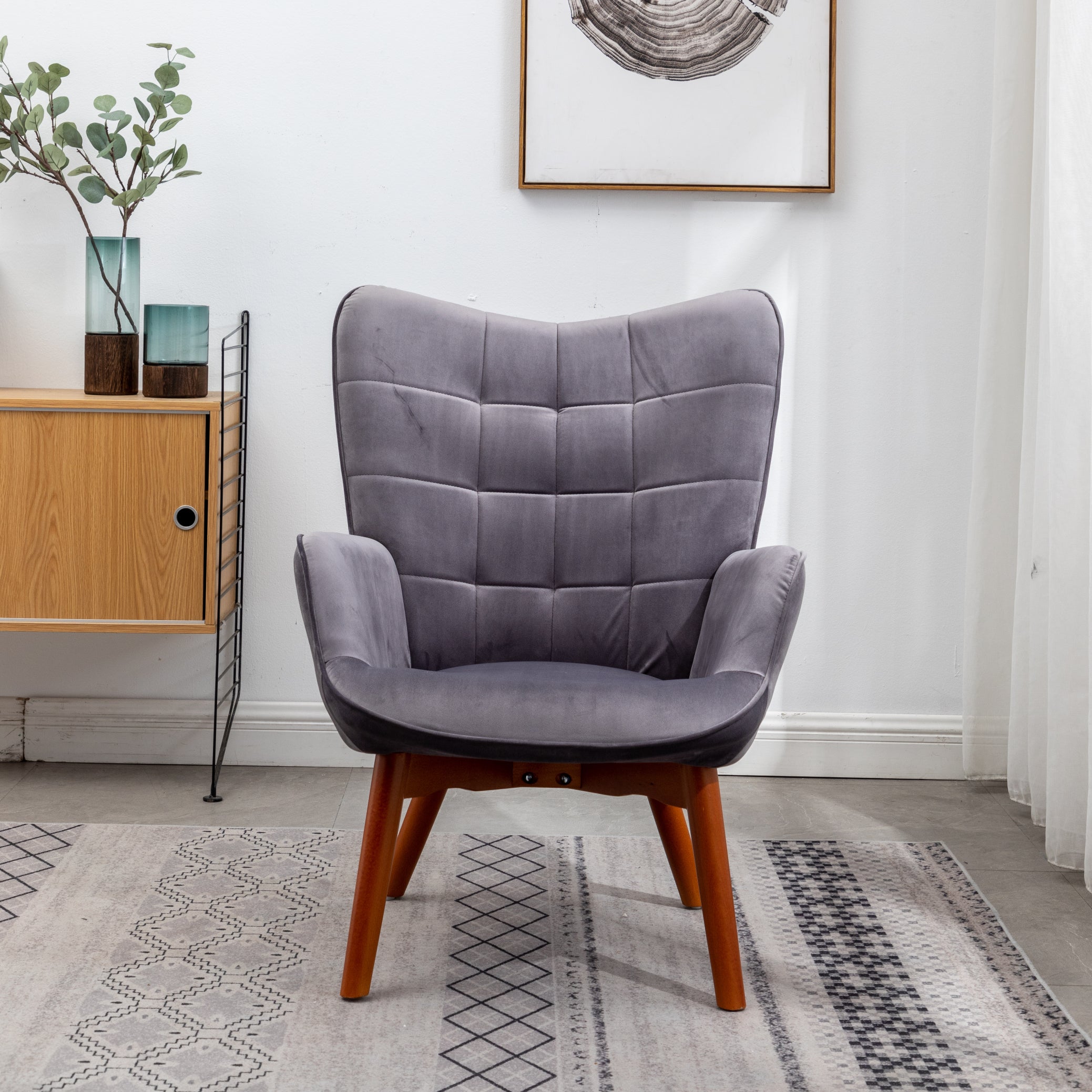 Roundhill Furniture Leiria Contemporary Silky Velvet Tufted Accent Chair with Ottoman in Gray - Modern Living Room Seating for Home Office & Lounge Decor