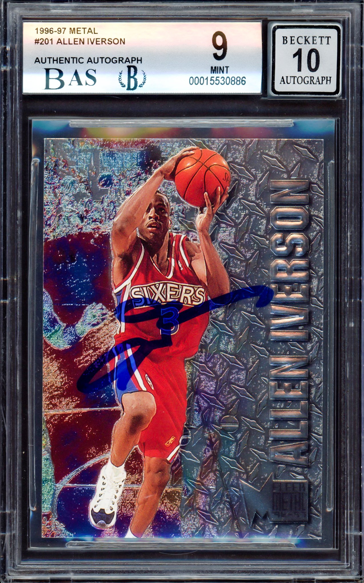 Allen Iverson Autographed 1996-97 Fleer Metal Rookie Card #201 Philadelphia 76ers BGS 9 Auto Grade Gem Mint 10 Beckett BAS Stock #214859 - Rare Collectible for NBA Memorabilia Fans & Sports Card Collectors