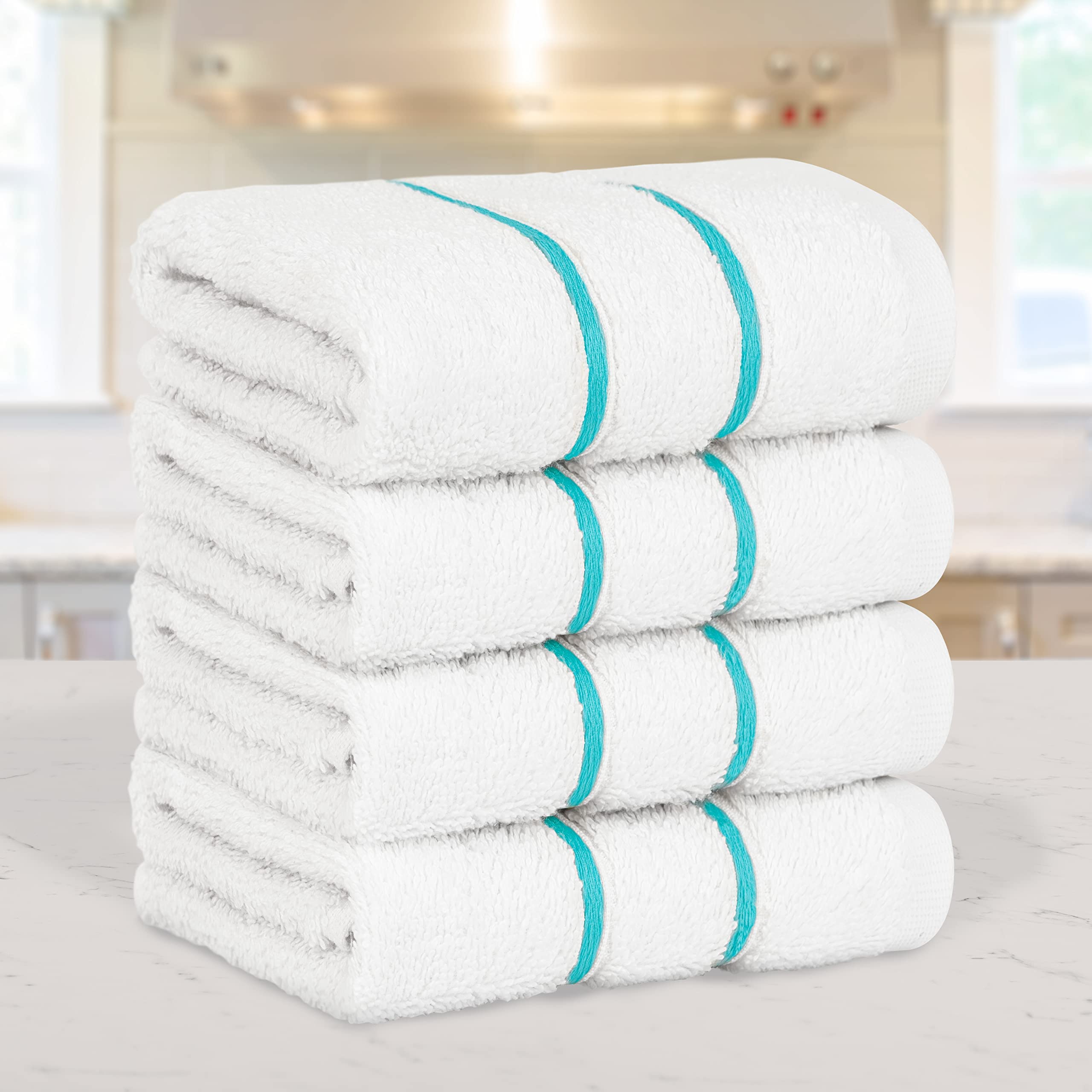 4 Pack Premium White Washcloths - 100% Turkish Cotton Face & Hand Towels for Bathroom, Kitchen & Spa - Soft & Absorbent Small Towels - Perfect for Skincare, Makeup Removal & Gentle Cleansing (Turquoise Blue)