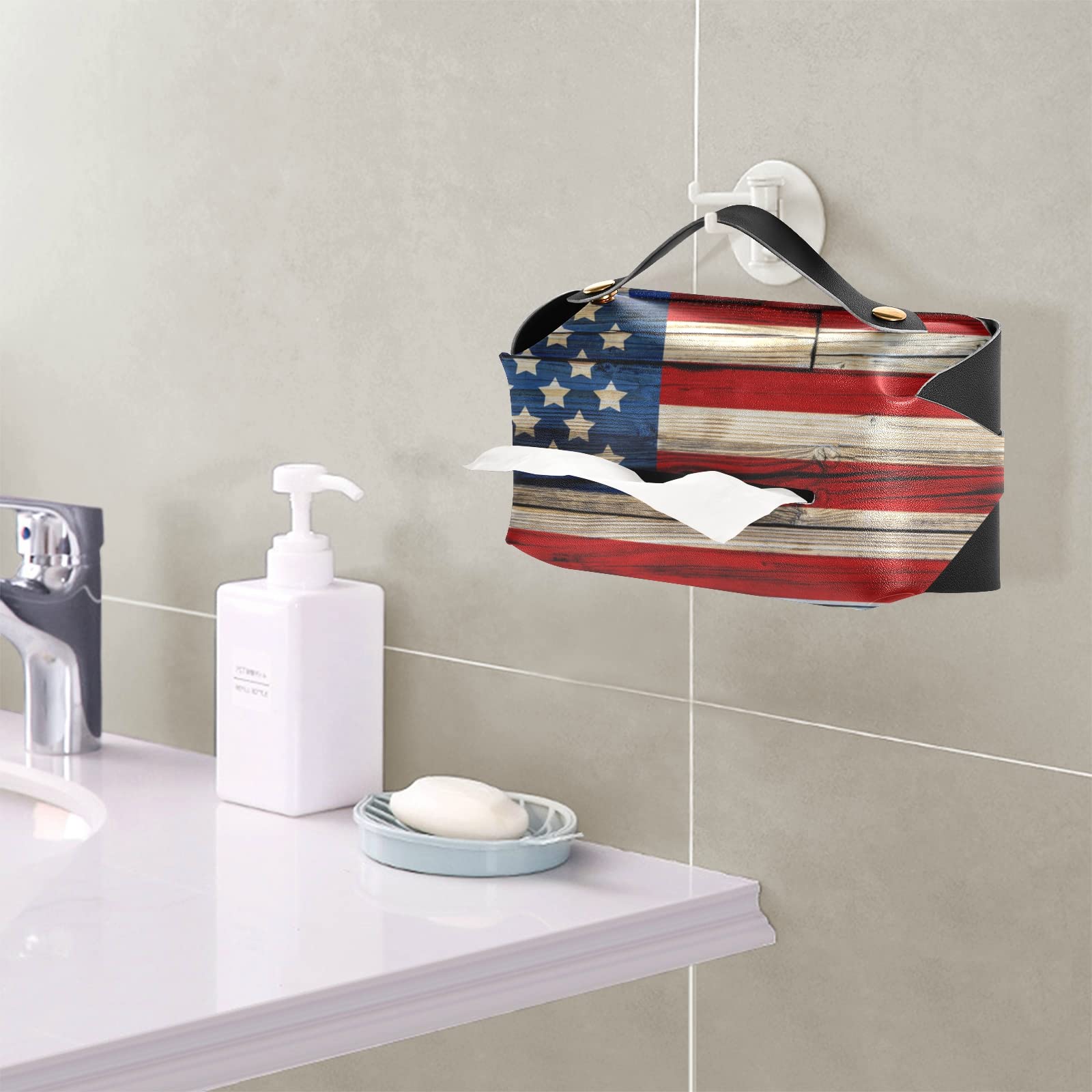 American Flag Wooden Tissue Box Cover - PU Leather Rectangular Tissue Holder with Handle for Home, Office, Bedroom & Bathroom | Patriotic Home Decor & Gift Idea