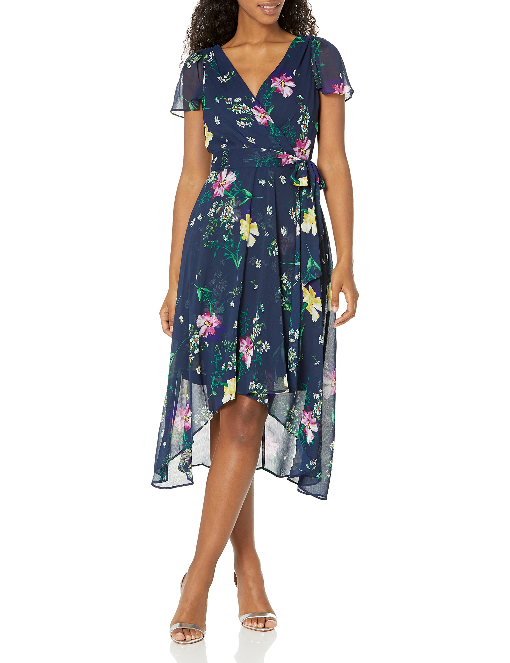 DKNY Women's Short Sleeve Asymmetrical Hem Faux Wrap Dress - Navy Multi Floral Print, Size 6 | Casual Office Wear & Summer Party Dress for Women