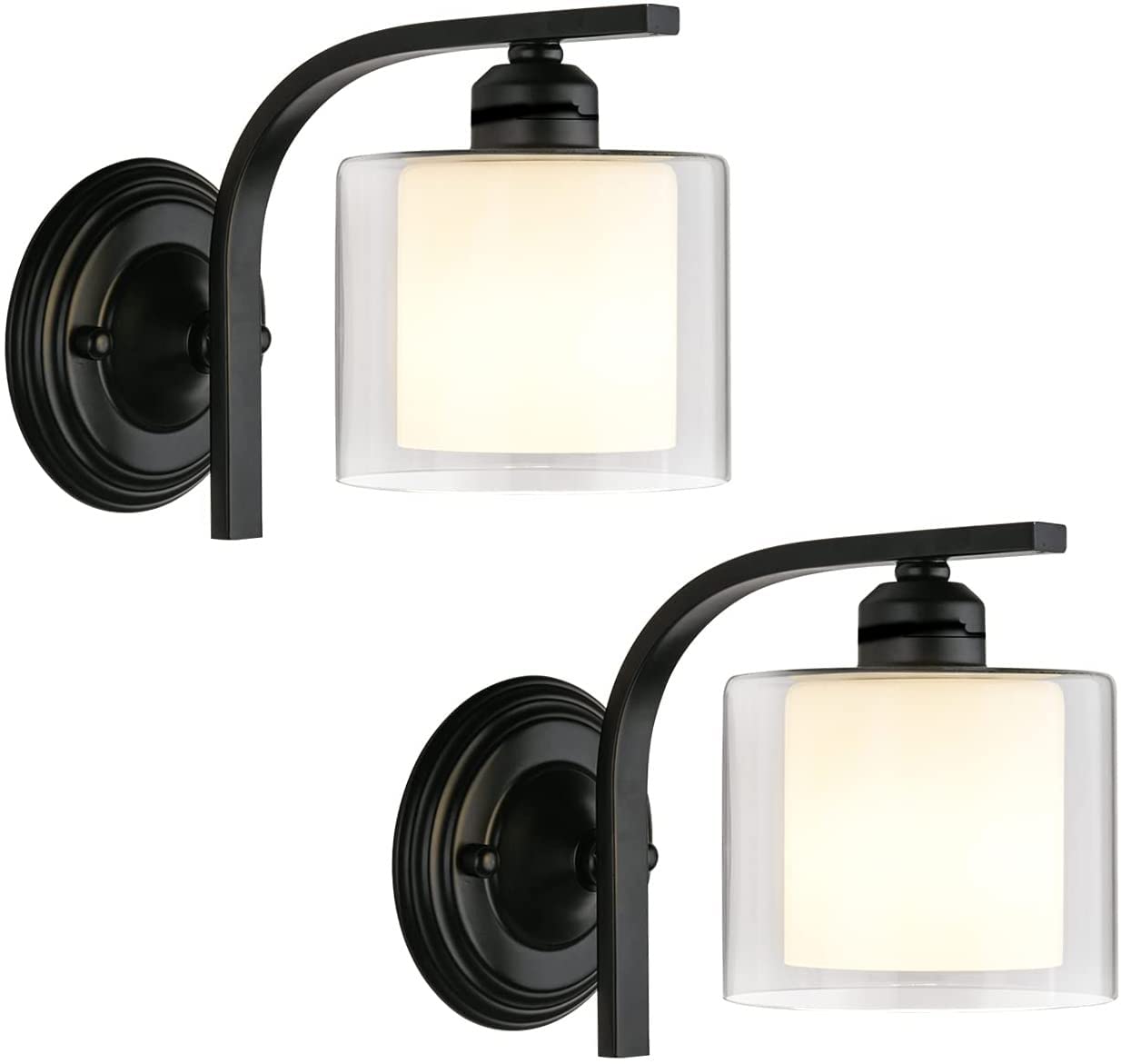 2 Pack Battery Operated Wall Sconce Lights - Remote Control Dimmable LED Wall Lamps with Glass Shade, No Wiring Required (Black) - Perfect for Bedroom, Hallway, and Outdoor Patio Lighting