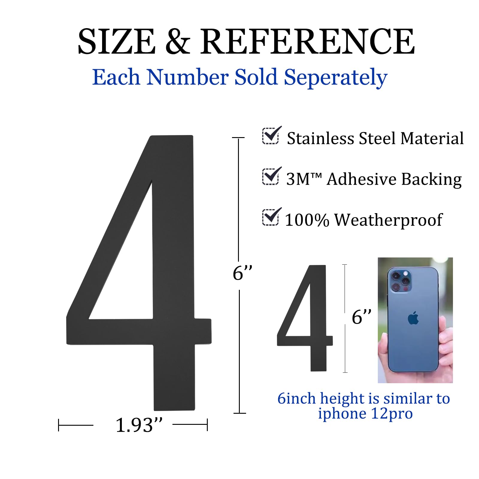 Modern Self-Adhesive 6 Inch Metal House Numbers for Outside - Large Durable Address Plaques for Mailbox, Door & Outdoor Use - Perfect for Home, Apartment & Business Address Display (House Number 4)