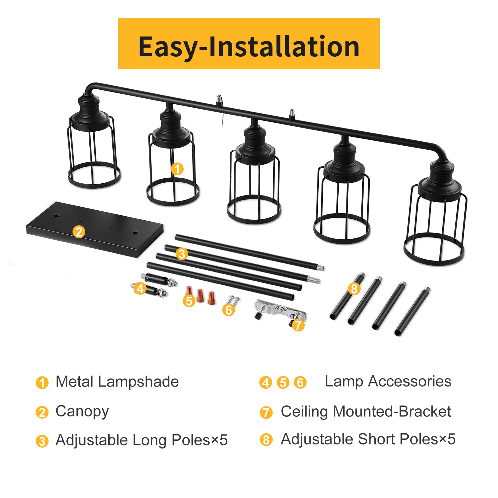 5-Light Black Metal Linear Pendant Light Fixture for Kitchen Island, Dining Room & Living Room - Modern Cage Style Lighting for Home Decor & Interior Design