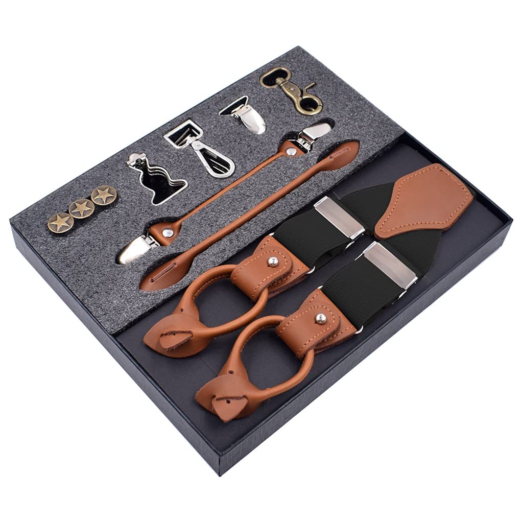 Vintage Leather Suspenders for Men - Adjustable Elastic Clip-On Trouser Braces - Father's Day & Husband Gifts (Black, One Size) | Perfect for Weddings, Business Attire & Vintage Fashion