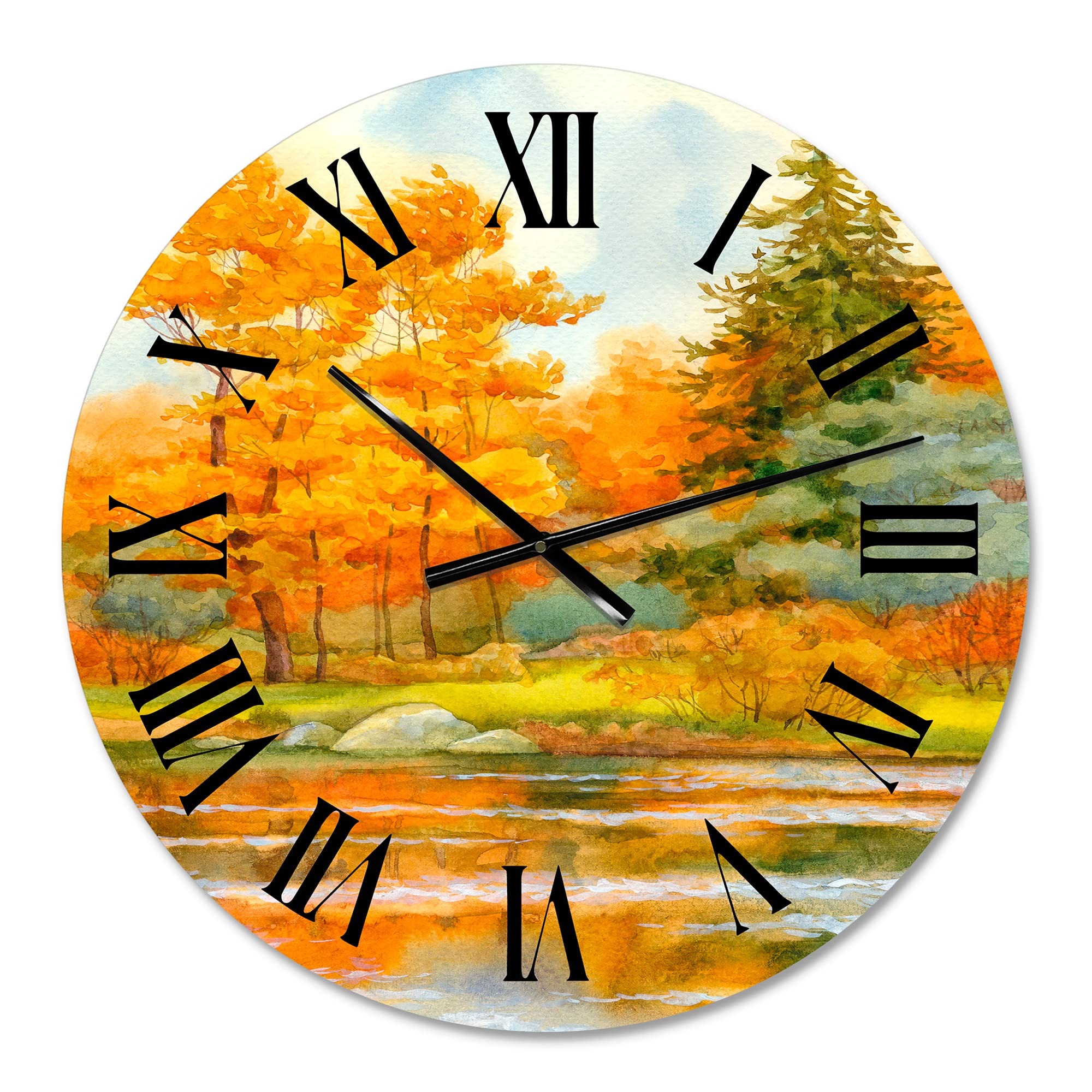 Autumnal Forest by The Lake Side IV - Large Lake House Wall Clock for Kitchen, Living Room & Office Decor | Nature Landscape Wall Art | Silent Non-Ticking Battery Operated Clock