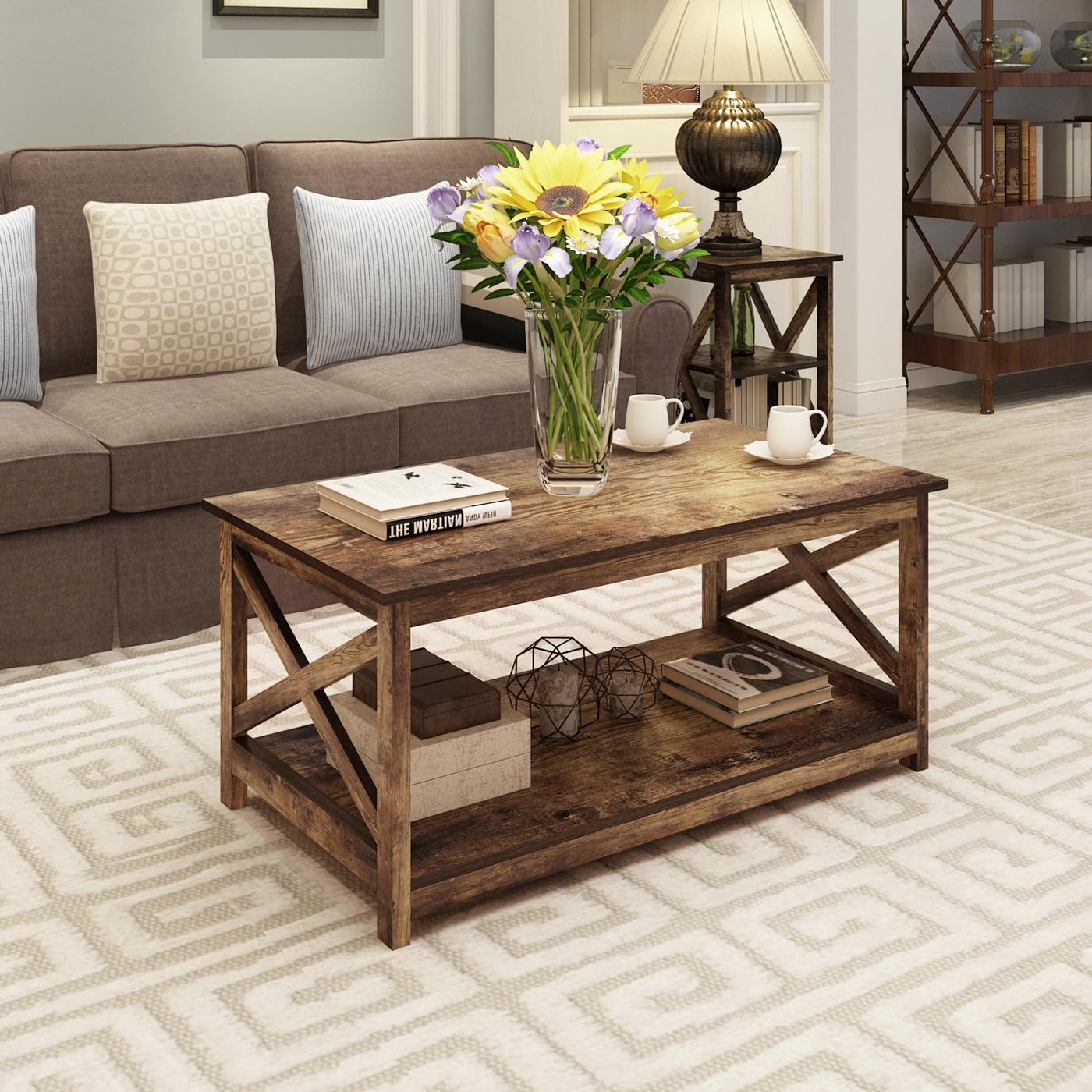 Rainbow Sophia Coffee Table - 40 Inch Modern Farmhouse Wood Coffee Table with 2-Tier Storage, Rustic Style - Perfect for Living Room, Lounge, and Home Decor