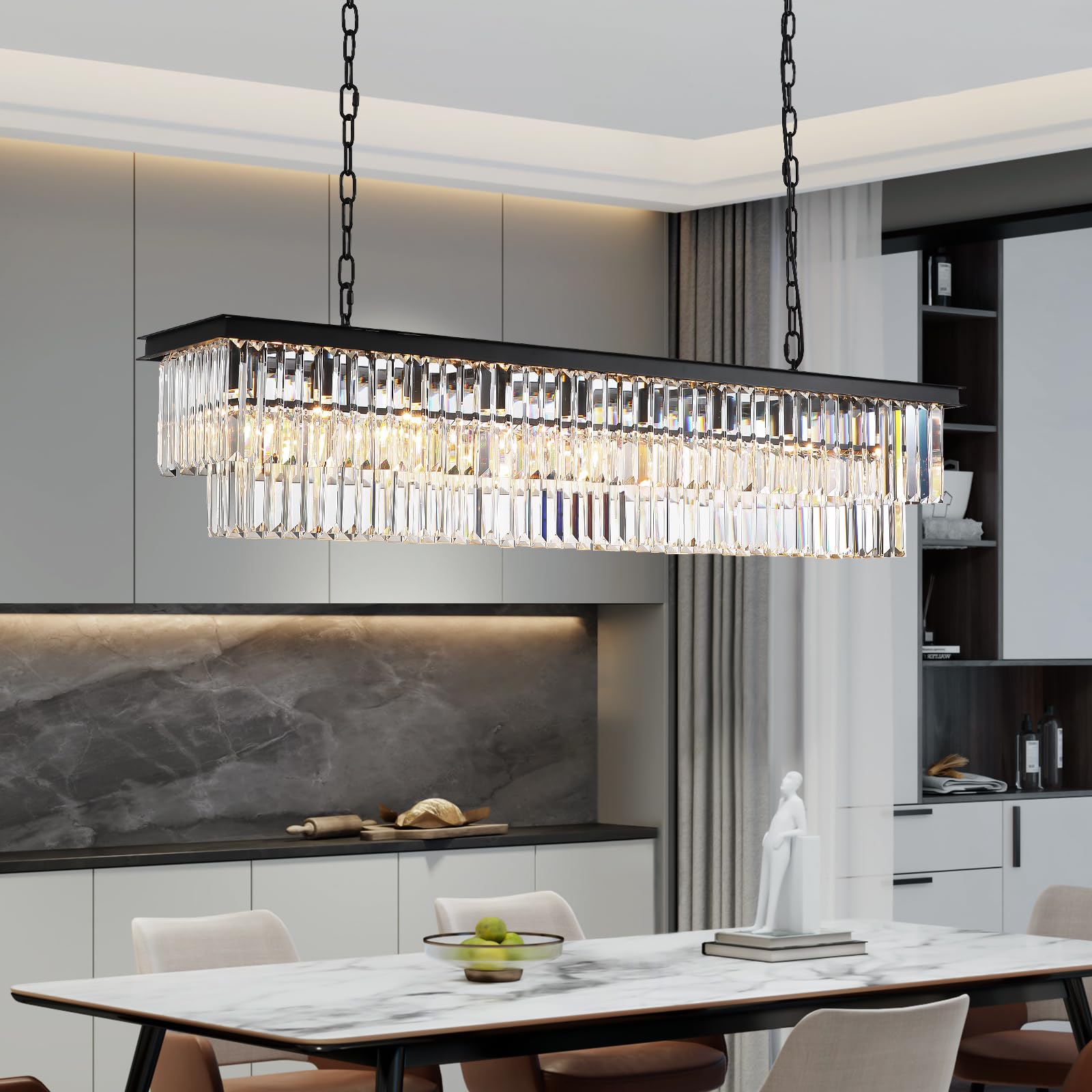 NOXARTE Modern Rectangular Crystal Chandelier - 8-Light Black Pendant Fixture for Dining Room, Kitchen Island, Bar & Living Room (47 Inch) - Elegant Lighting for Home Decor & Interior Design