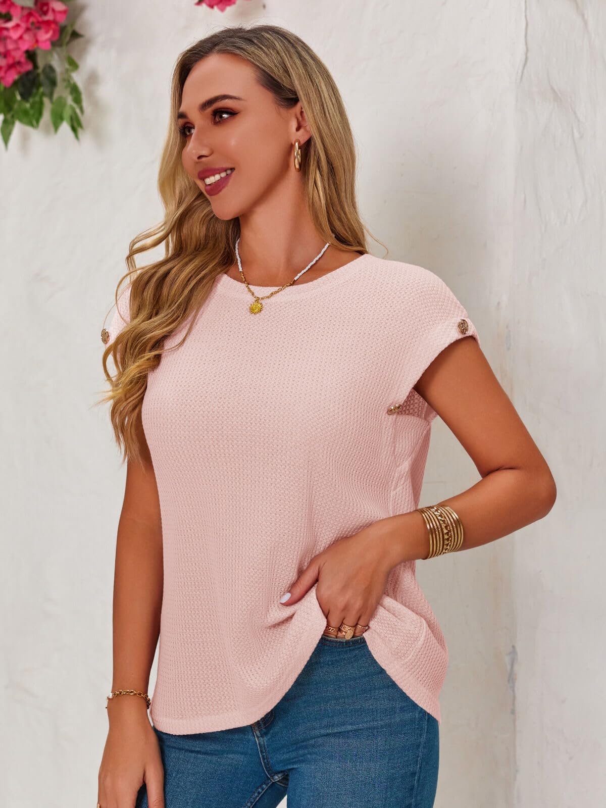 Imily Bela Women's Waffle Knit Oversized T-Shirt - Cap Sleeve Loose Fit Tunic Top for Summer | Casual Wear, Beach Cover-Up, Lounge Outfit