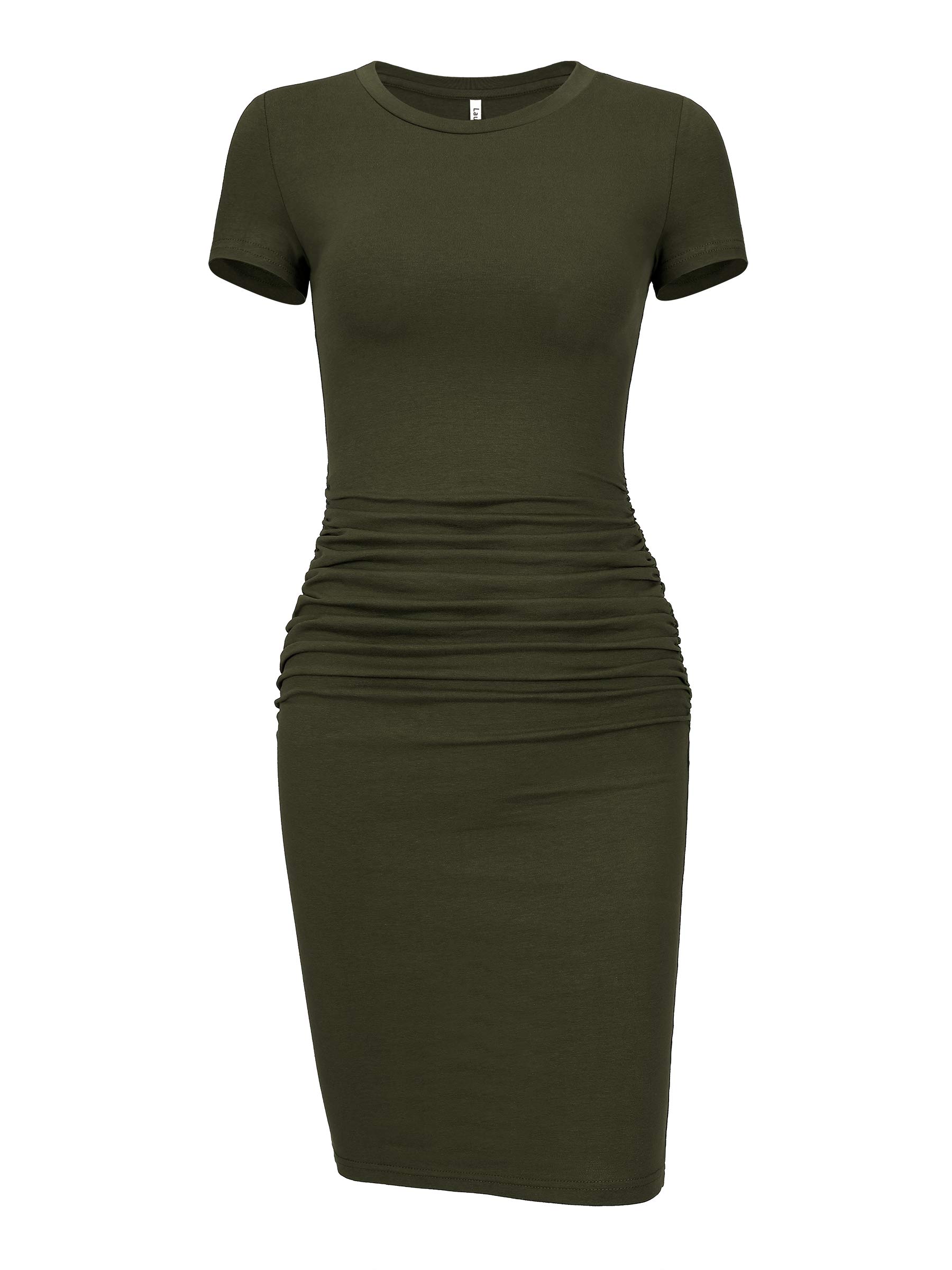 Laughido Women's Short Sleeve Ruched Bodycon Sundress - Knee Length T-Shirt Dress for Summer 2025 | Trendy Casual Outfit for Beach, Party & Date Night
