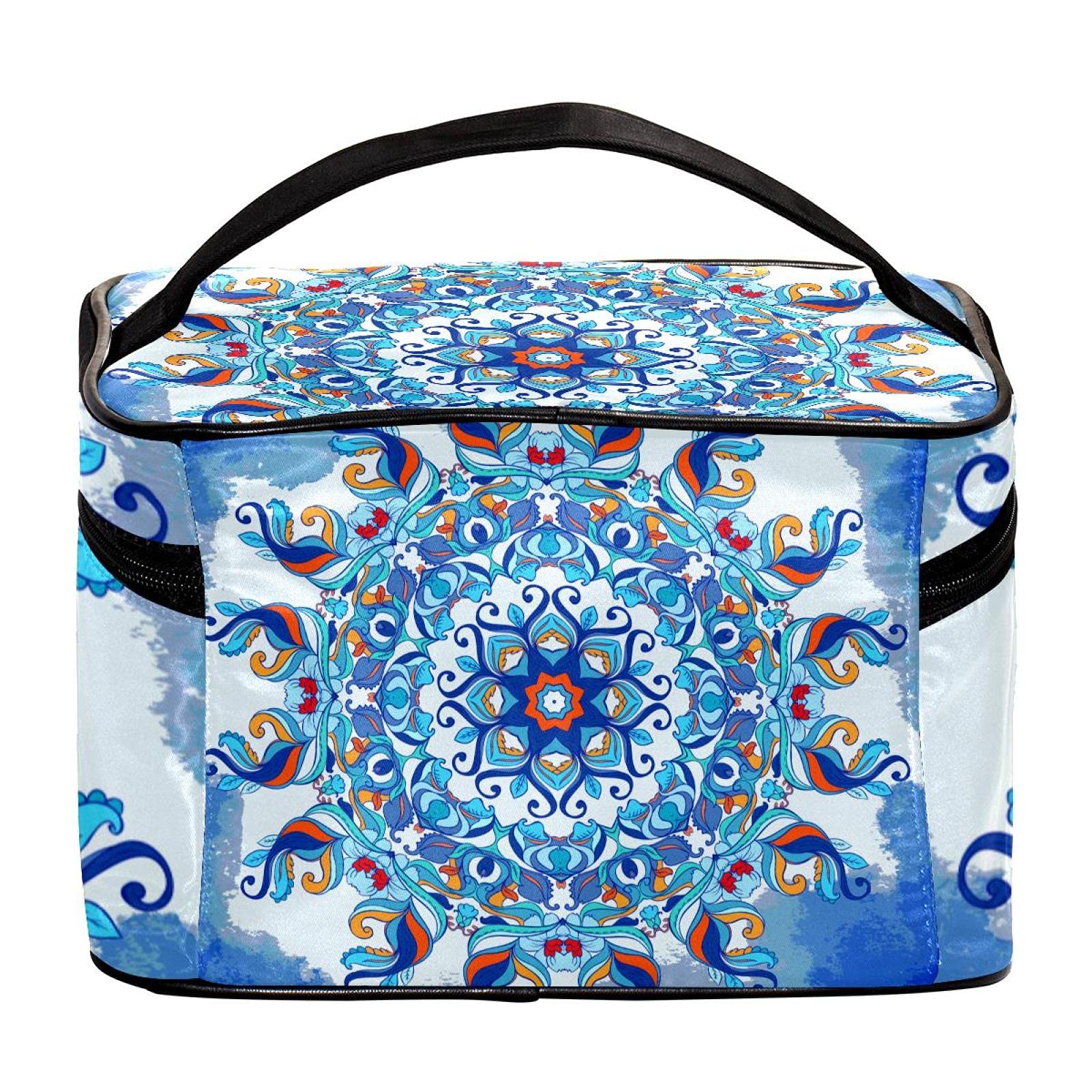 Trippy Mandala Blue Floral Travel Makeup Bag - Large Cosmetic Organizer with Zipper for Women & Girls | Perfect for Vacation, Gym, Beach & Daily Essentials Storage