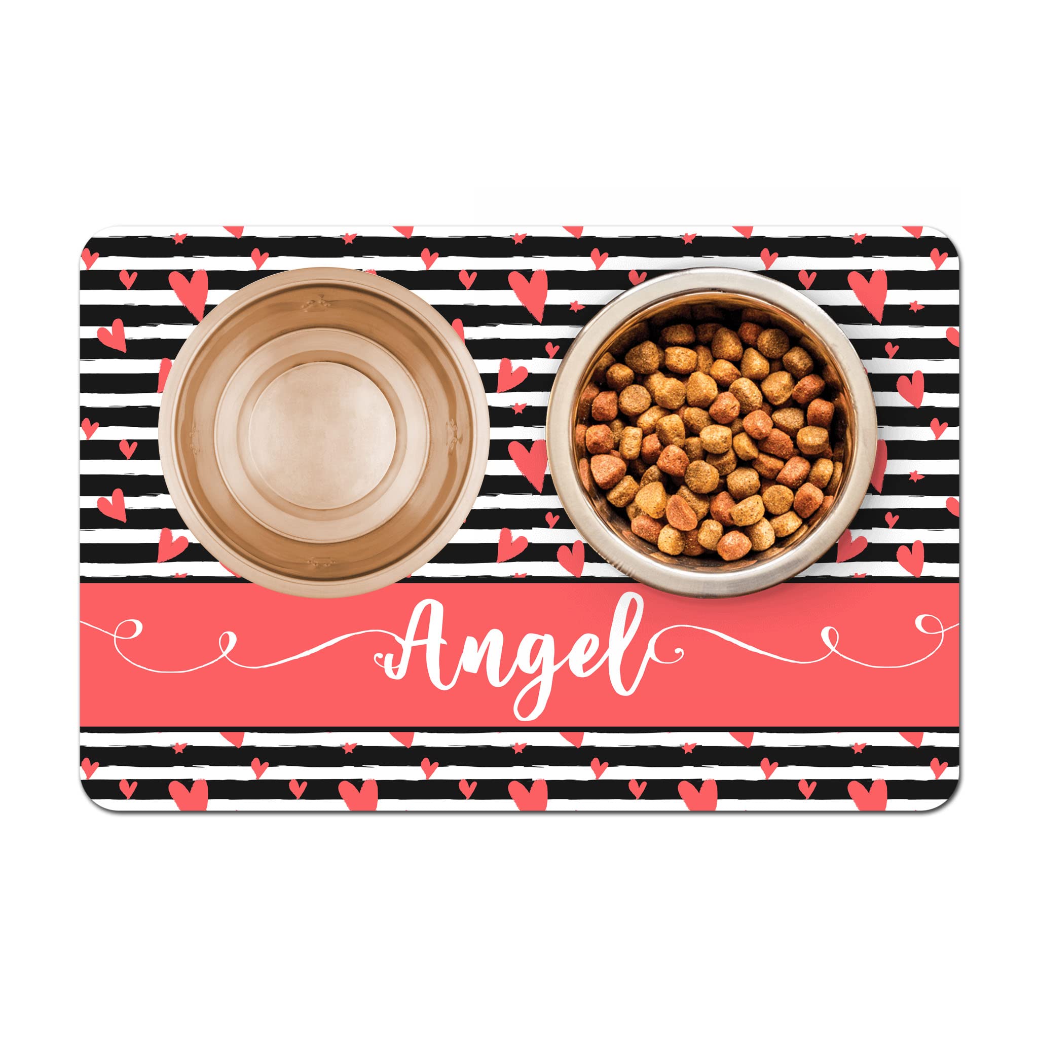 Personalized Pet Bowl Mat - Non-Slip Dog Food Mat with Black Stripes & Red Hearts - Perfect for Dog Lovers - Ideal for Mealtime, Water Bowls, and Mess-Free Feeding Areas