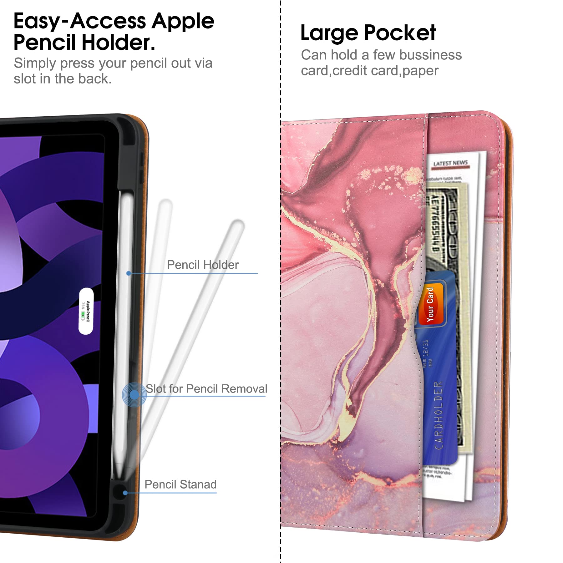 Premium iPad Air 5th/4th Gen Case (2022/2020) - 10.9 Inch Protective Cover with Built-in Apple Pencil Holder, Hand Strap, Auto Sleep/Wake & Multi-Angle Stand - Perfect for Work, Study & Travel - Pink Cloud Design