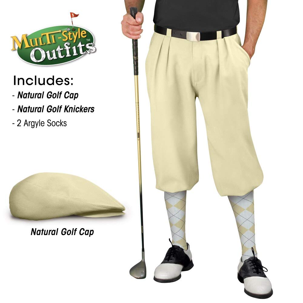 Men's Stylish Natural Golf Outfit Set - Matching Knickers, Cap & 2 Over-The-Calf Socks for Comfortable Golfing | Perfect for Golf Course, Driving Range & Casual Wear