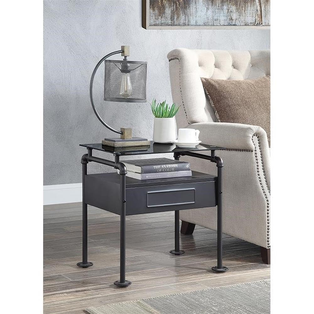 Acme Nicipolis Modern Glass Top Nightstand with 1 Drawer & Storage Compartment in Sandy Gray - Perfect for Bedroom, Living Room & Office Furniture