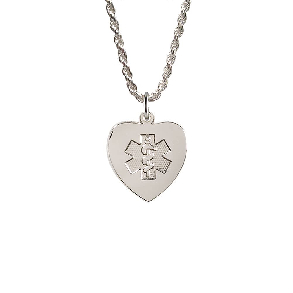 Sterling Silver Heart Charm Medical Alert ID Necklace for Women - 4 Lines Personalized Engraving - American Medical Jewelry for Diabetes, Allergies & Emergency Info - Perfect for Everyday Wear & Travel Safety