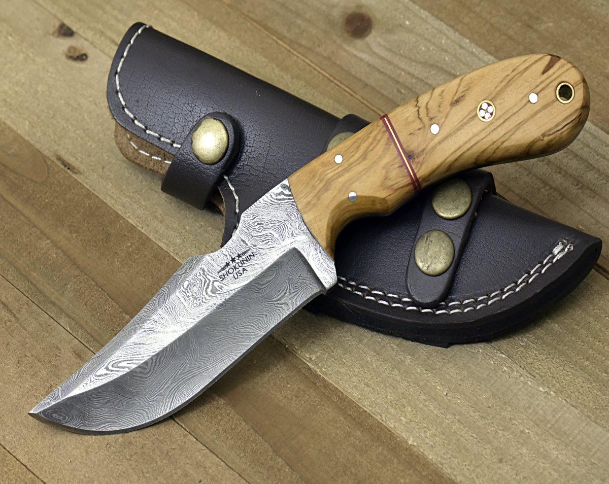 Puma Damascus Steel Hunting Knife with Olive Wood Handle & Leather Sheath - Outdoor Survival, Camping, Hunting Gear for Adventurers