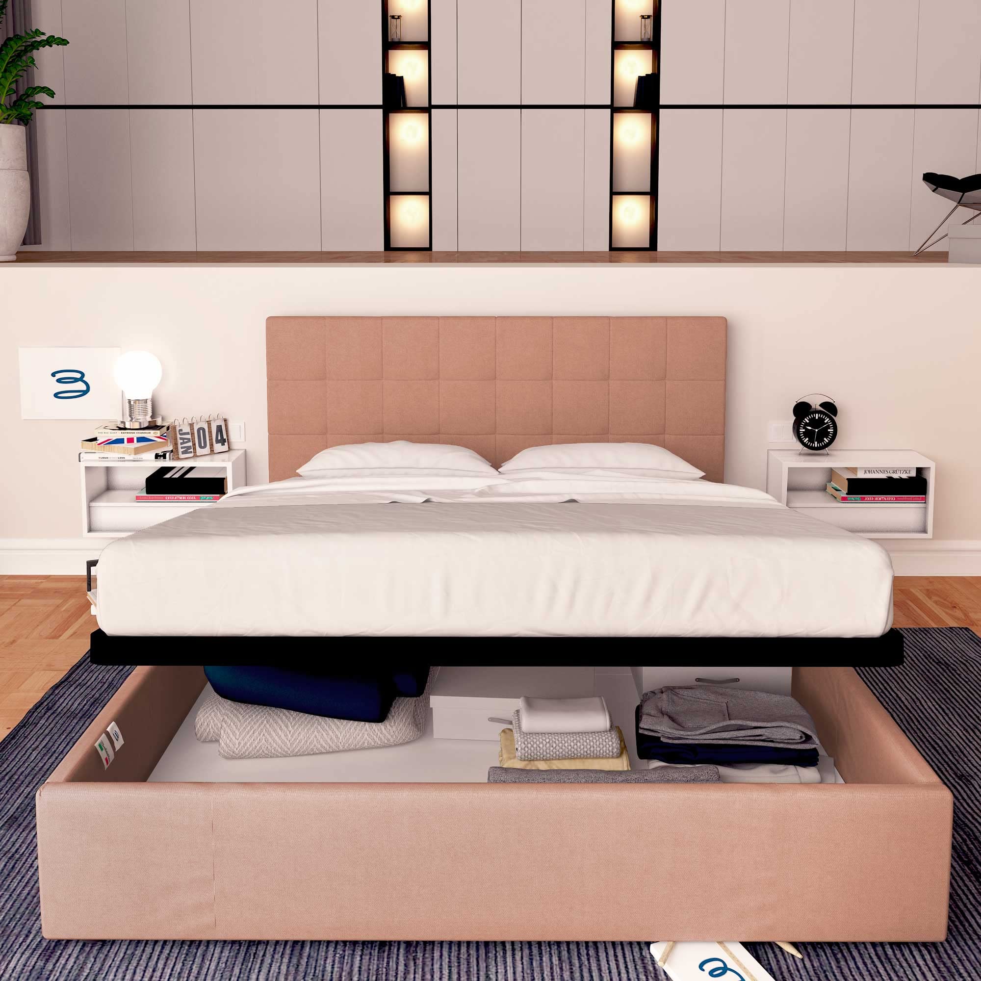 Baldiflex Square and Twin Size Bed with Storage, Dublin Model Fabric Headboard, Slatted Base for Square and Twin Mattresses, 120 x 190 cm, Elegant Antique Pink - Perfect for Small Bedrooms, Guest Rooms & Cozy Apartments