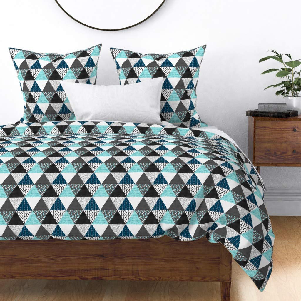 Premium Cotton Sateen Duvet Cover Full/Queen Size - Blue White Gray Geometric Bohemian Triangle Print | Custom Bedding for Modern & Bohemian Bedrooms | Soft Luxury Bedding for Guest Rooms & Master Suites