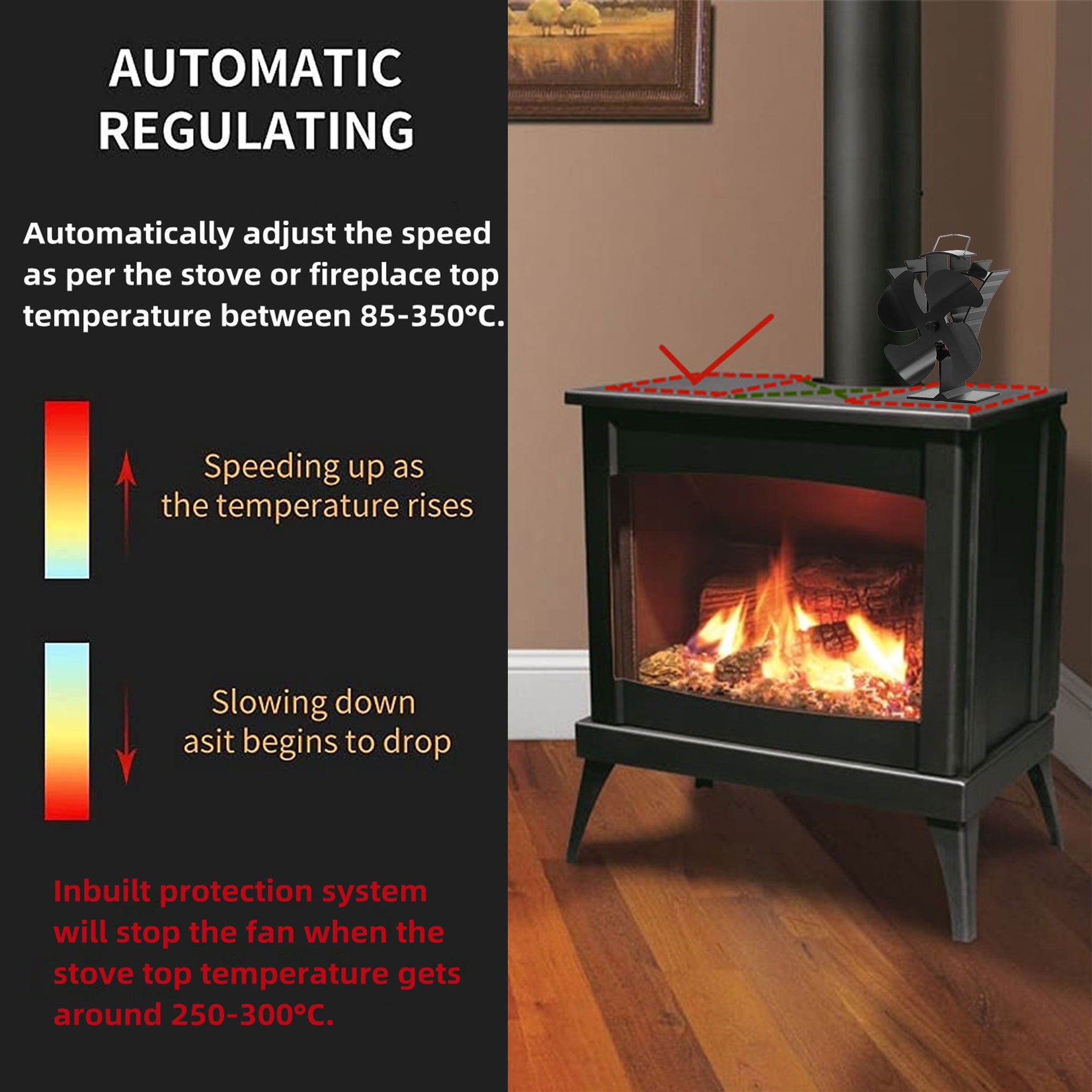 4 Blade Stove Fan VDSF684B - Efficient Heat Circulation for Fireplace, Wood Stove & Home Heating - Quiet & Energy Saving Eco-Friendly Design