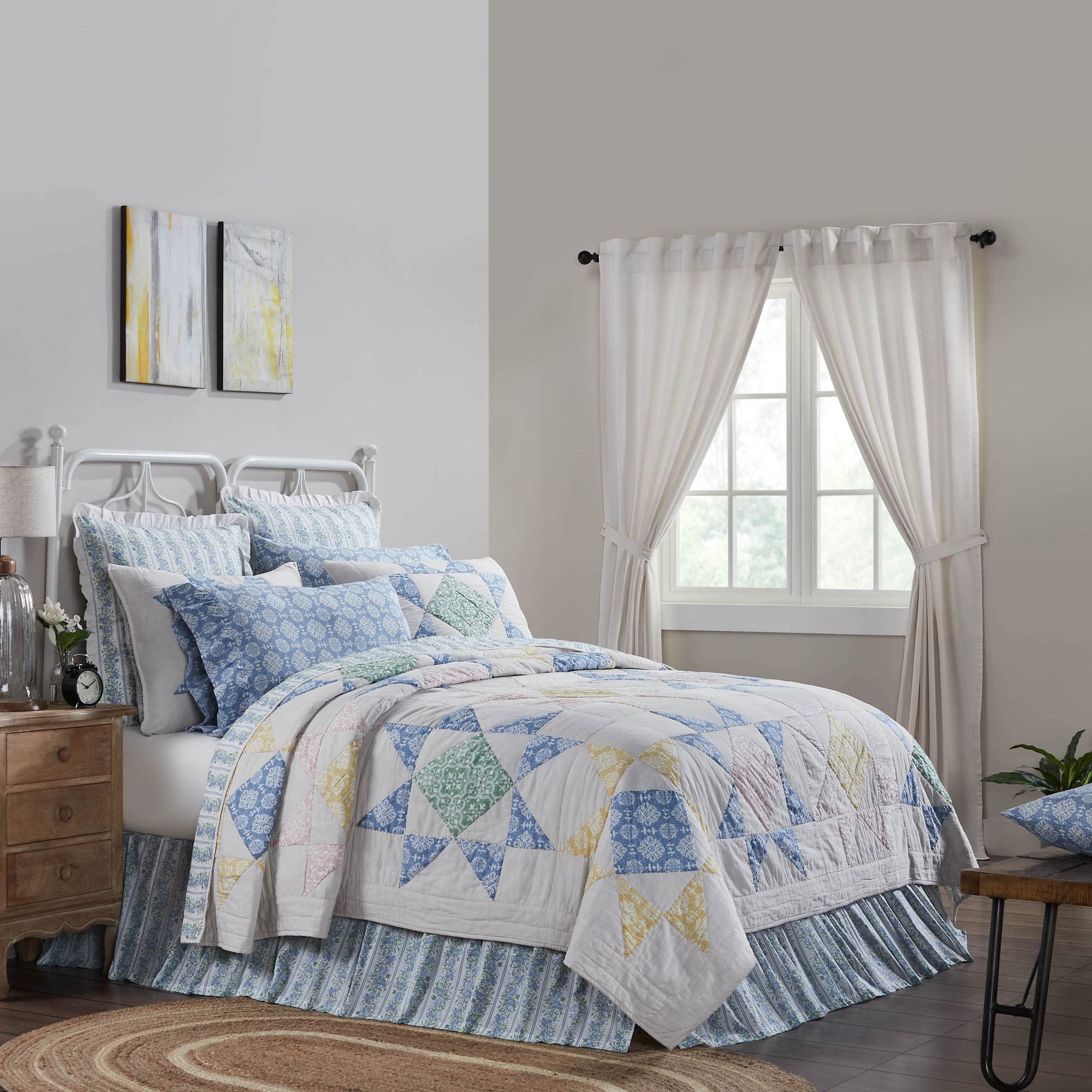 VHC Brands Jolie Reversible Farmhouse Quilt - King Size Patchwork Bedspread in Blue & Green (105x95 Inches) - Perfect for Rustic Bedroom Decor & Cozy Farmhouse Style
