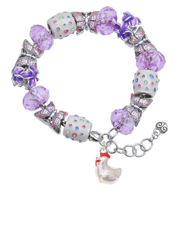 Delight Jewelry Silvertone Chicken 3D Purple Butterfly Beaded Charm Bracelet with 7