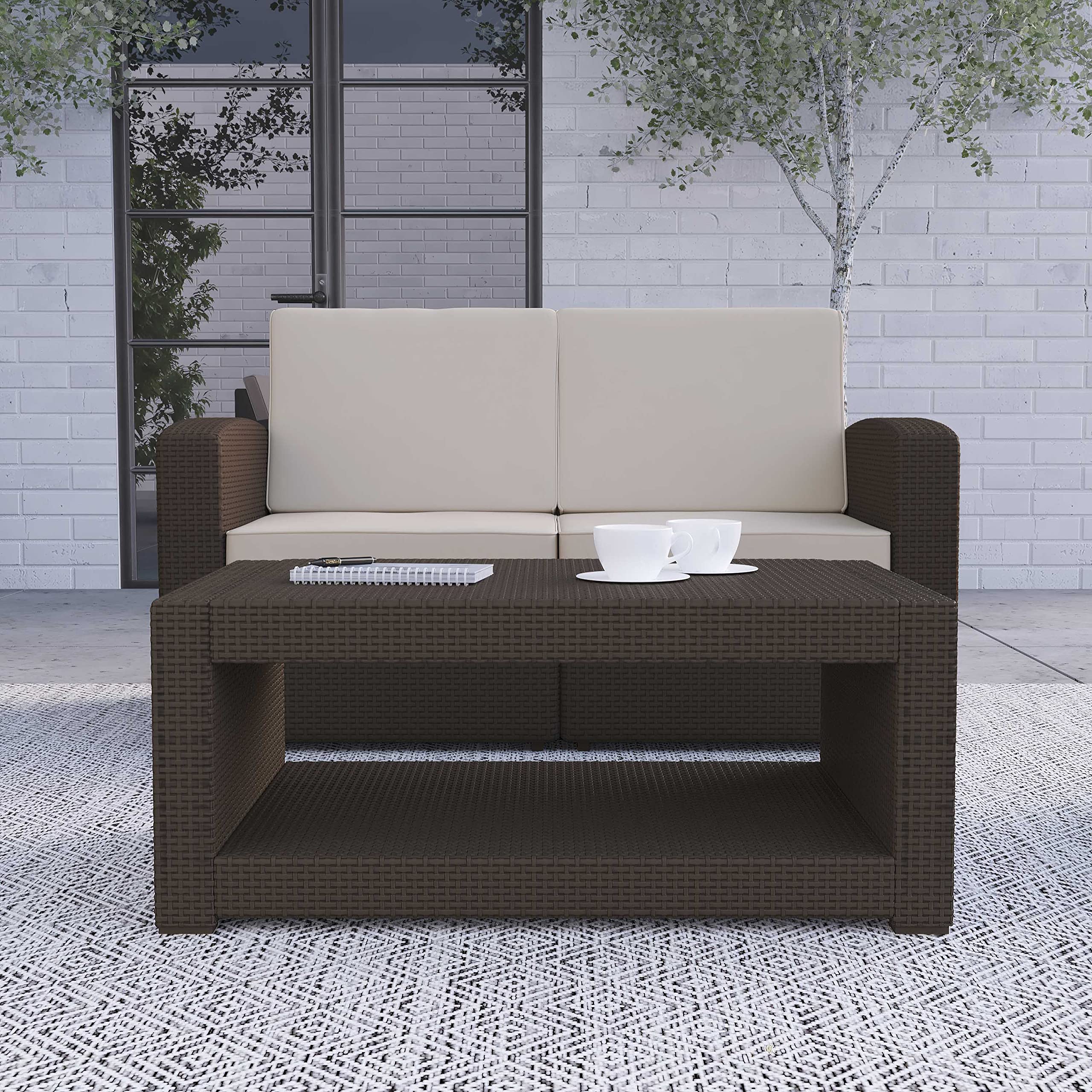 Merrick Lane Malmok Outdoor Coffee Table - Chocolate Brown Faux Rattan Wicker All-Weather Accent Table with Shelving | Patio, Garden & Poolside Furniture for Outdoor Living Spaces