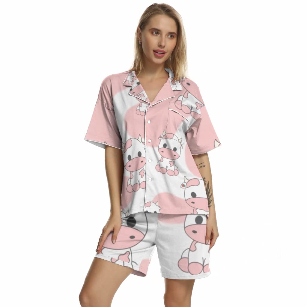 Soft Silk Strawberry Cow Pajama Set for Women - Sleep & Lounge Wear