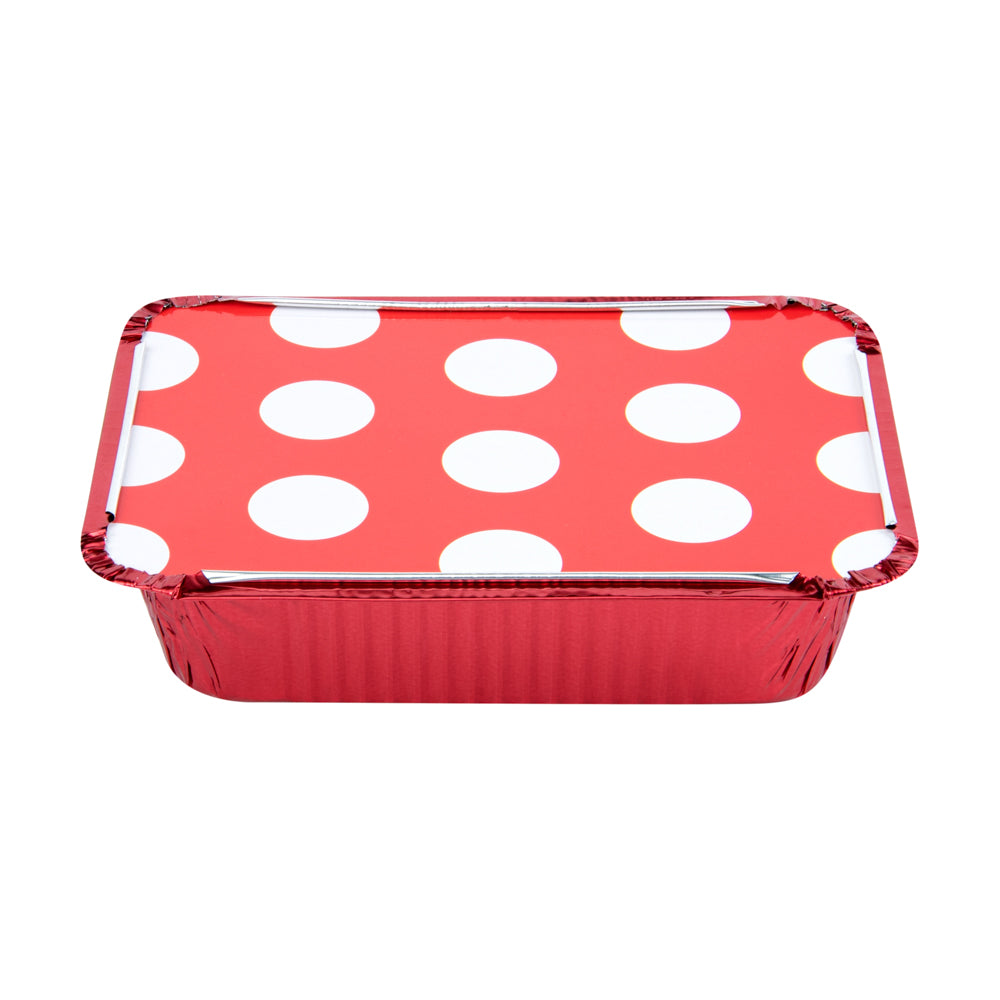 16 oz Rectangle Red Aluminum Take Out Food Containers with Polka Dot Paper Lids (7.25